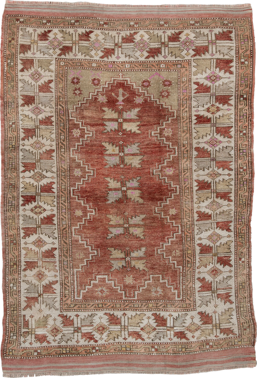 3' x 5' one-of-a-kind handmade vintage Anatolian small size rug. Color palette: brown, gray, light gray, off-white, pink