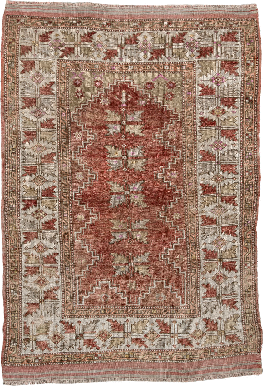 3' x 5' one-of-a-kind handmade antique Anatolian small size rug. Color palette: terra cotta, ivory, taupe, rust, rose, sage