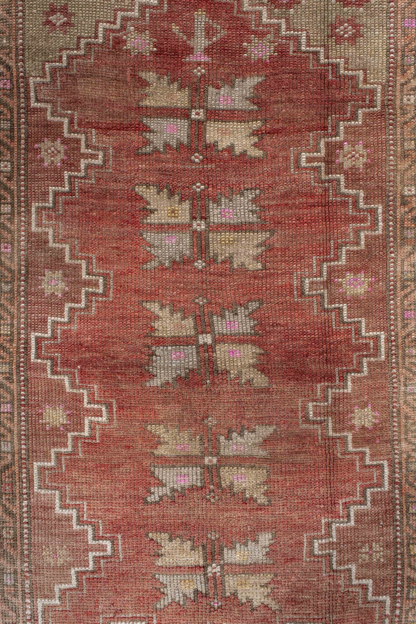 3' x 5' one-of-a-kind handmade antique Anatolian small size rug. Color palette: terra cotta, ivory, taupe, rust, rose, sage