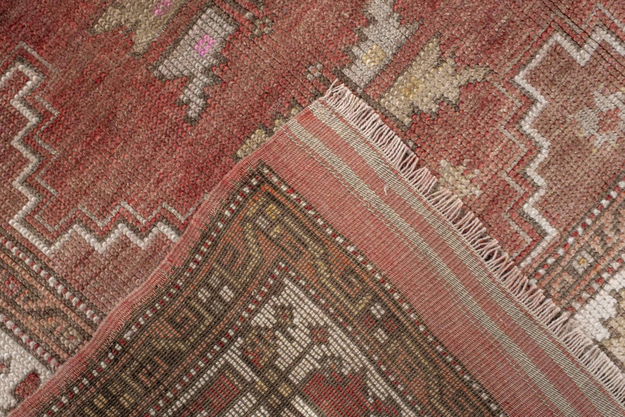 3' x 5' one-of-a-kind handmade vintage Anatol small size rug. Color palette: brown, gray, light gray, off-white, pink, red