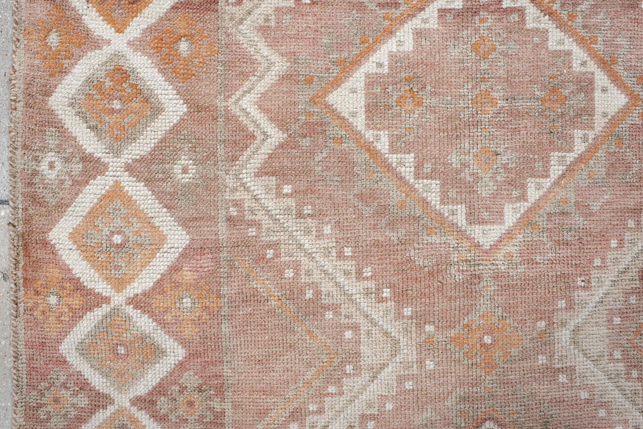 3' x 7' one-of-a-kind handmade antique Gabbe runner rug. Color palette: blush, ivory, rust, peach, taupe, terracotta, camel