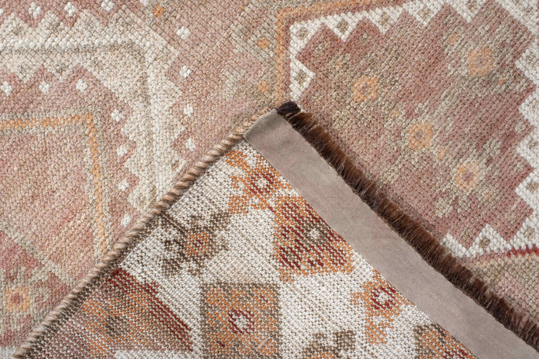 3' x 7' one-of-a-kind handmade antique Gabbe runner rug. Color palette: blush, ivory, rust, peach, taupe, terracotta, camel