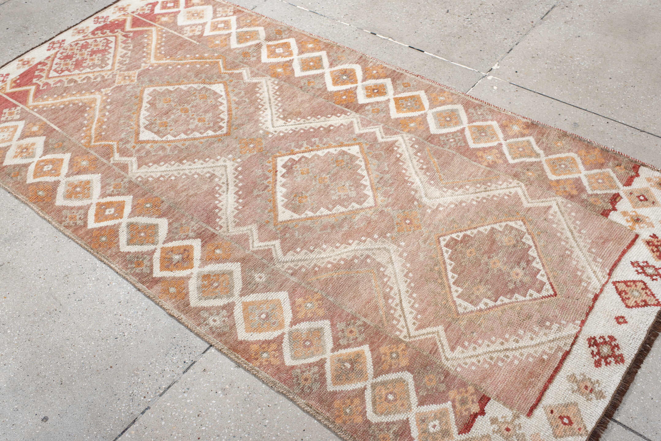 3' x 7' one-of-a-kind handmade antique Gabbe runner rug. Color palette: blush, ivory, rust, peach, taupe, terracotta, camel