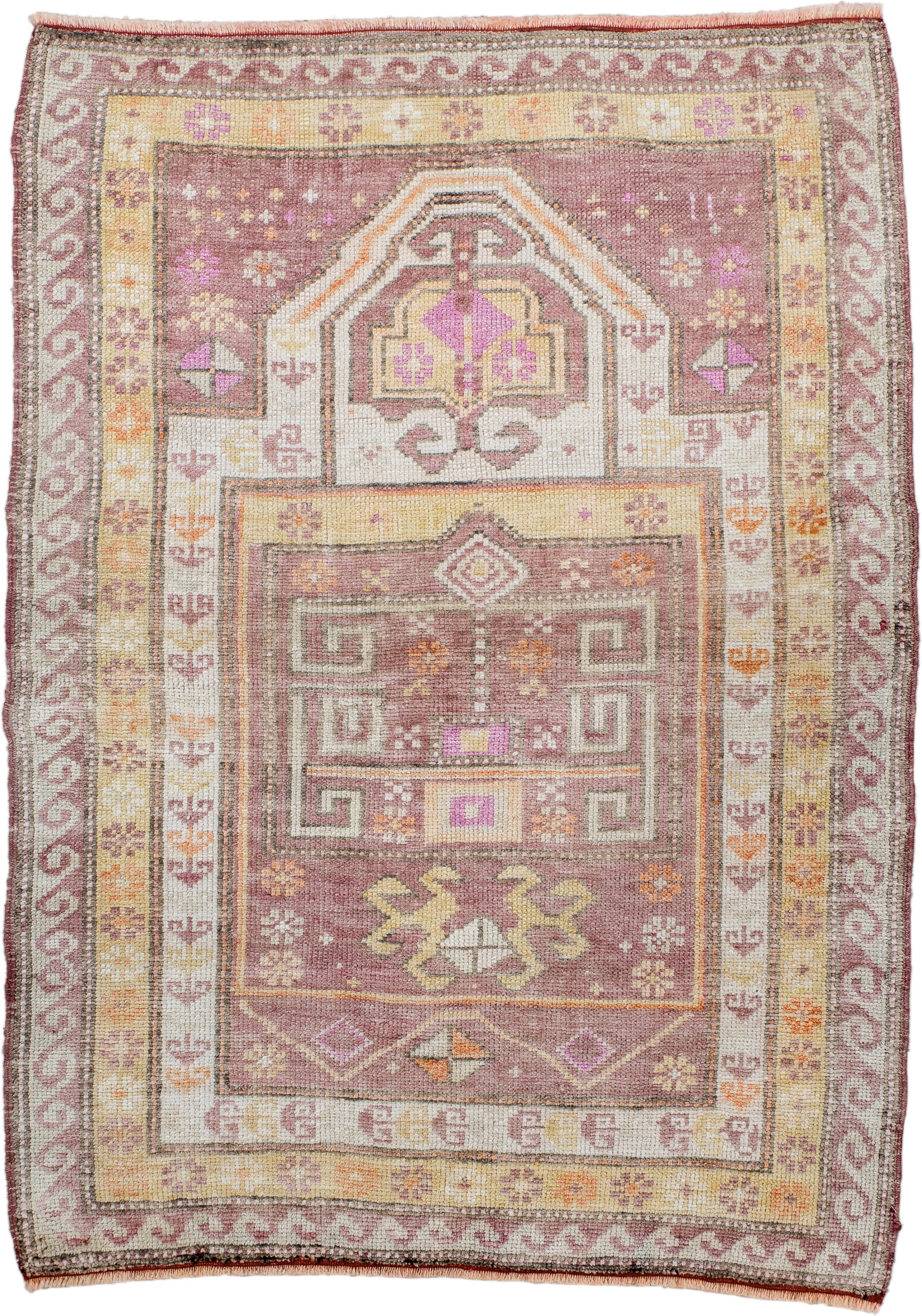 3' x 4' one-of-a-kind handmade antique Oushak small size rug. Color palette: dusty rose, ivory, pale gold, taupe, apricot