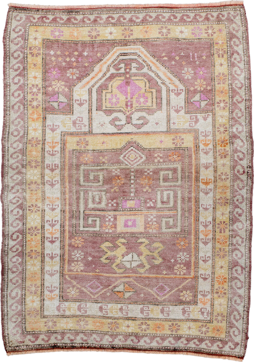 3' x 4' one-of-a-kind handmade antique Oushak small size rug. Color palette: dusty rose, ivory, pale gold, taupe, apricot