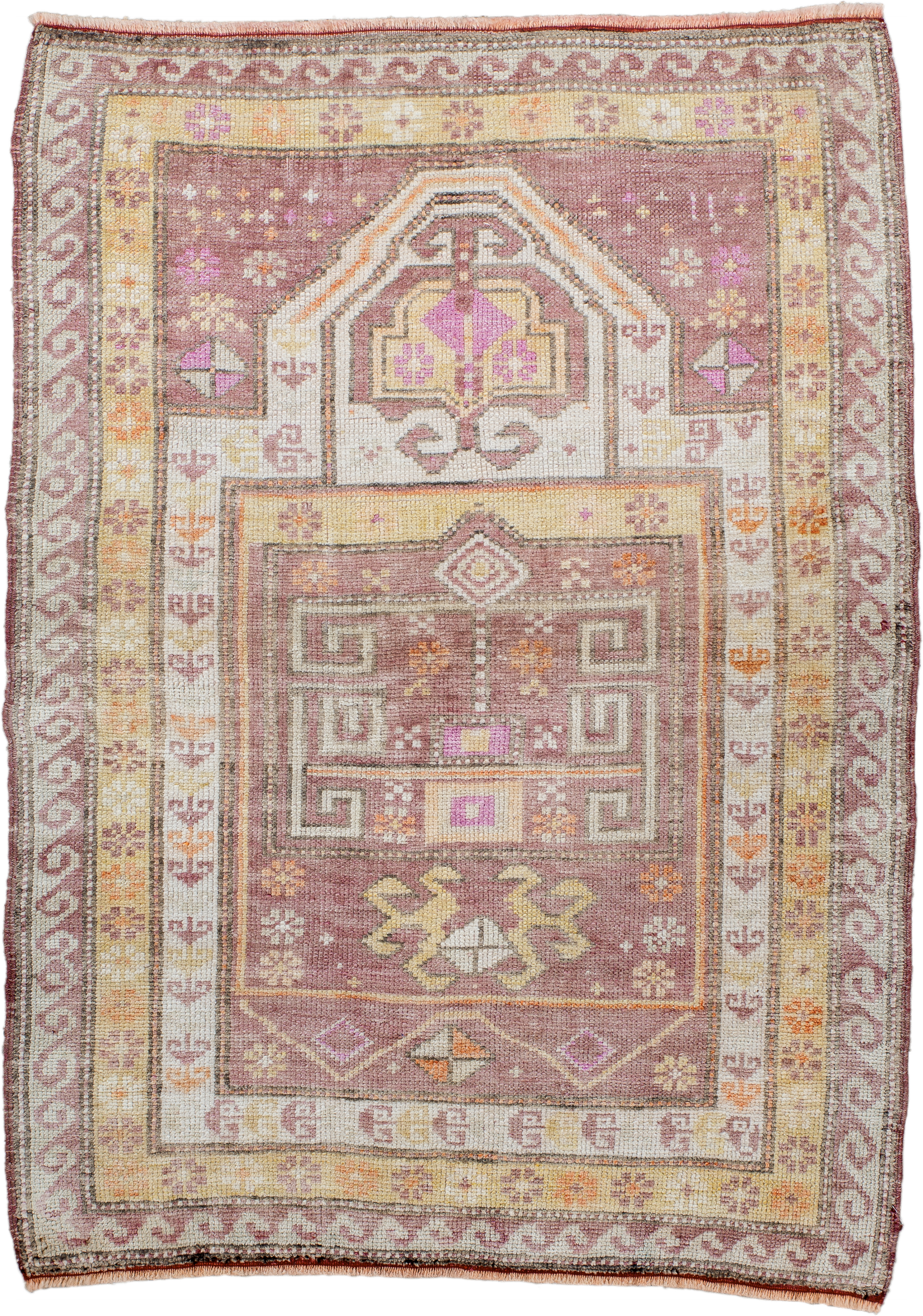 3' x 4' one-of-a-kind handmade antique Oushak small size rug. Color palette: dusty rose, ivory, pale gold, taupe, apricot