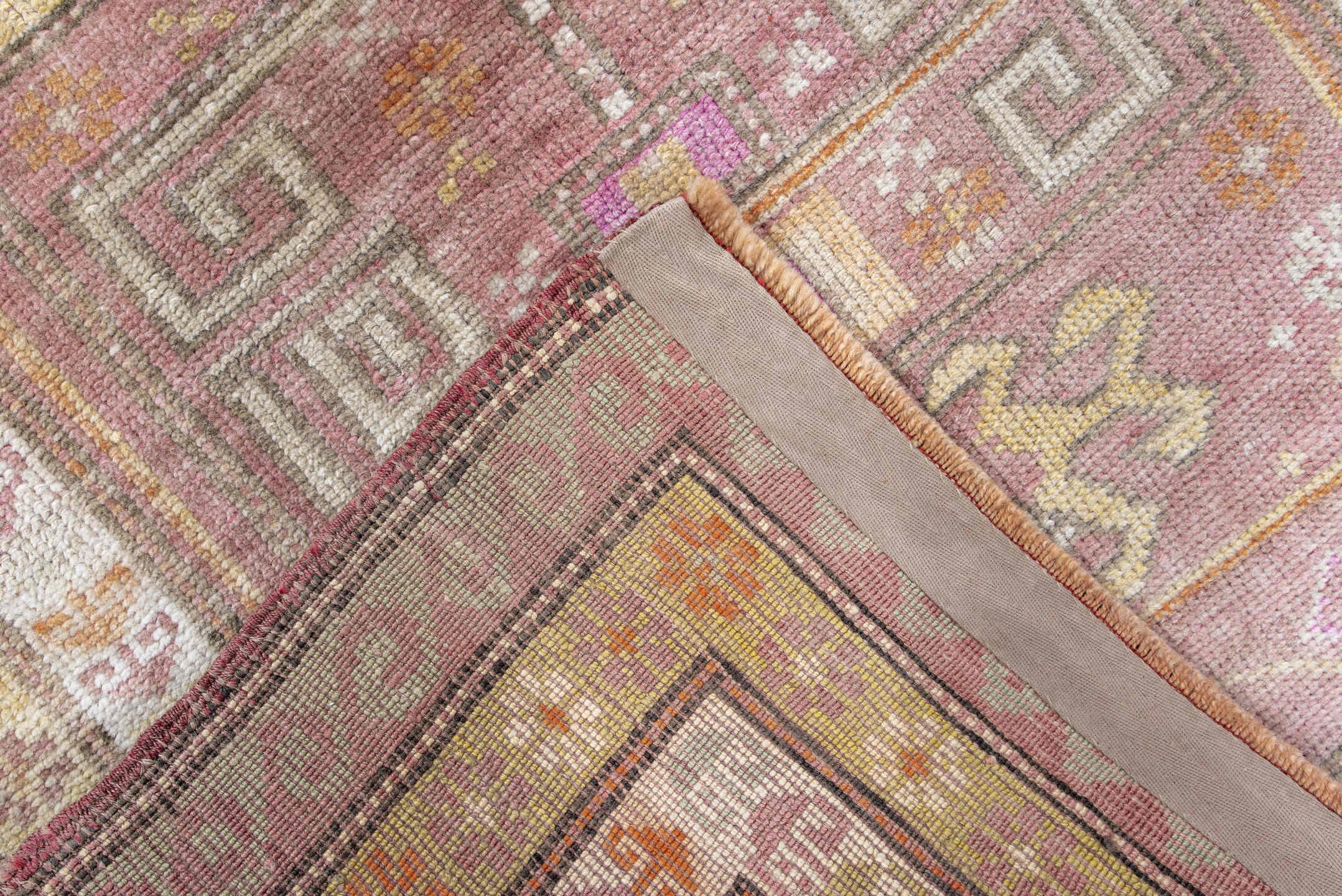 3' x 4' one-of-a-kind handmade antique Oushak small size rug. Color palette: dusty rose, ivory, pale gold, taupe, apricot