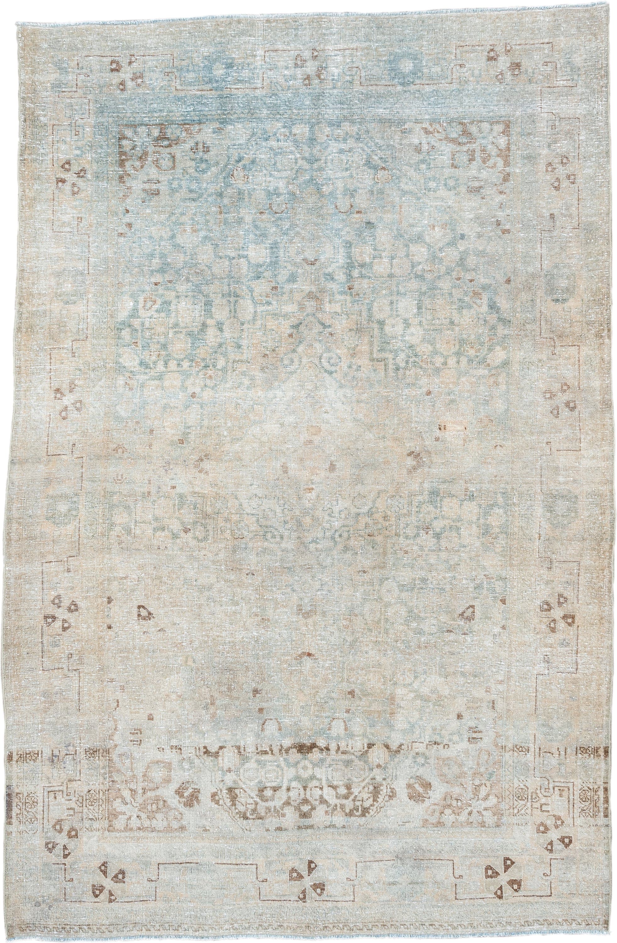 4' x 6' one-of-a-kind handmade vintage Tabriz rug. Color palette: ivory, pale blue, beige, taupe, camel, light brown