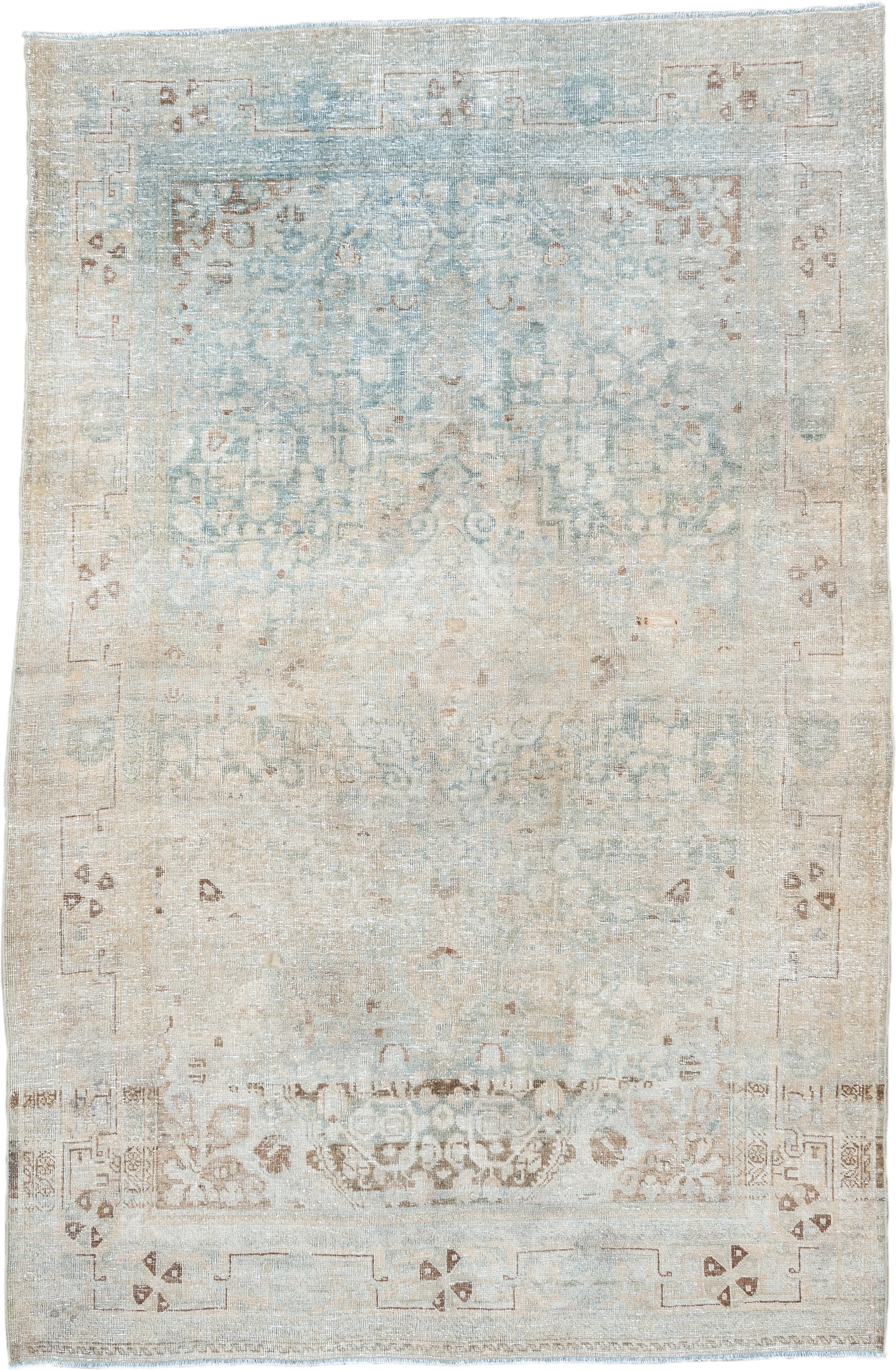 4' x 6' one-of-a-kind handmade vintage Tabriz rug. Color palette: ivory, pale blue, beige, taupe, camel, light brown