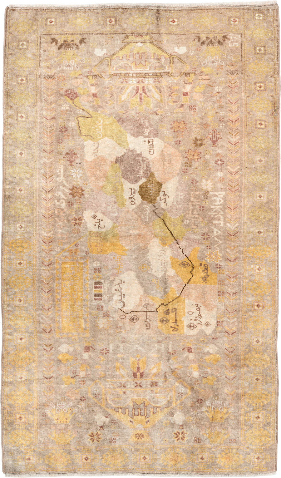 2' x 4' one-of-a-kind handmade vintage  small size rug. Color palette: beige, ivory, gold, taupe, blush, camel, sage, rust