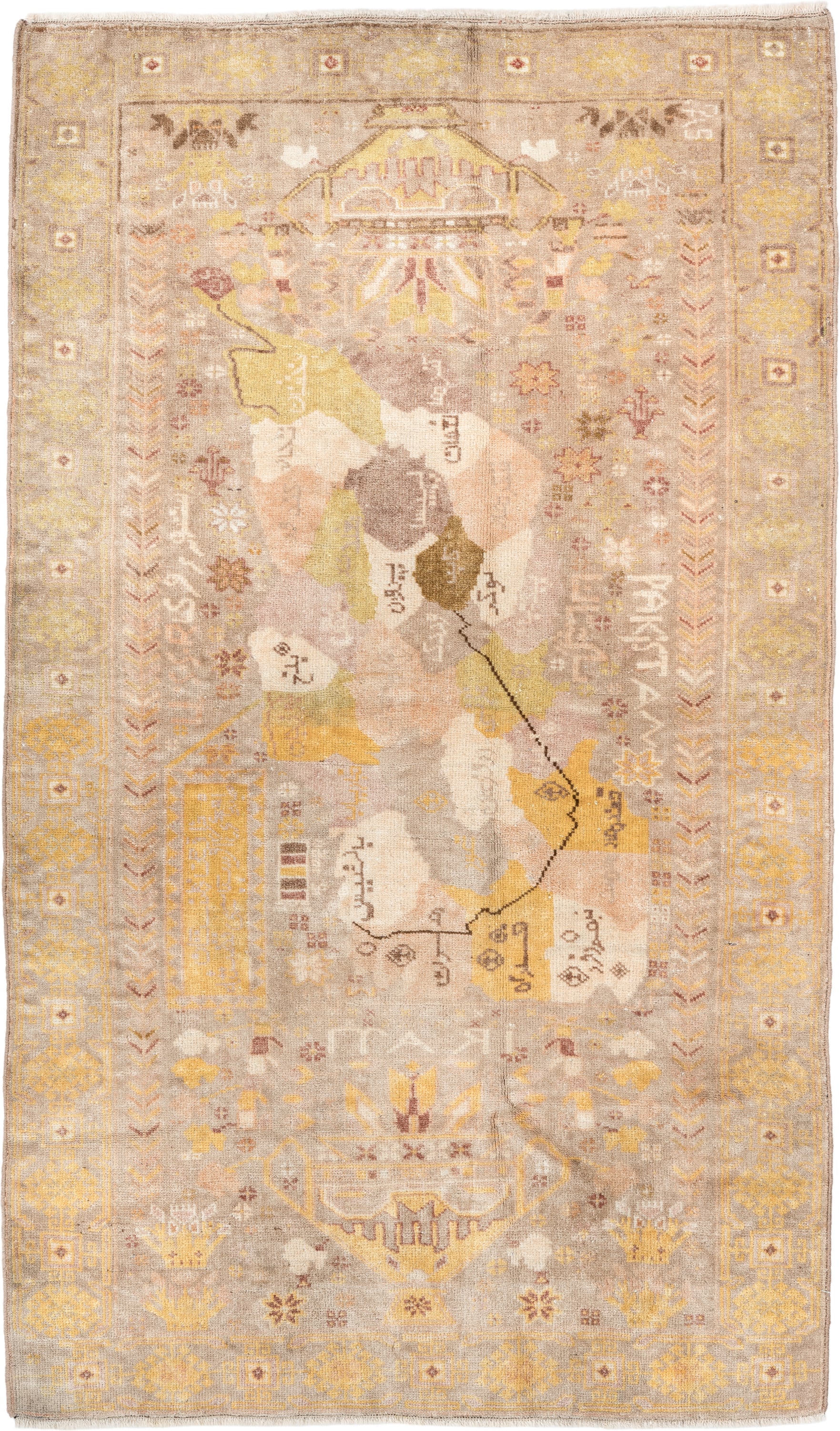 2' x 4' one-of-a-kind handmade vintage  small size rug. Color palette: beige, ivory, gold, taupe, blush, camel, sage, rust