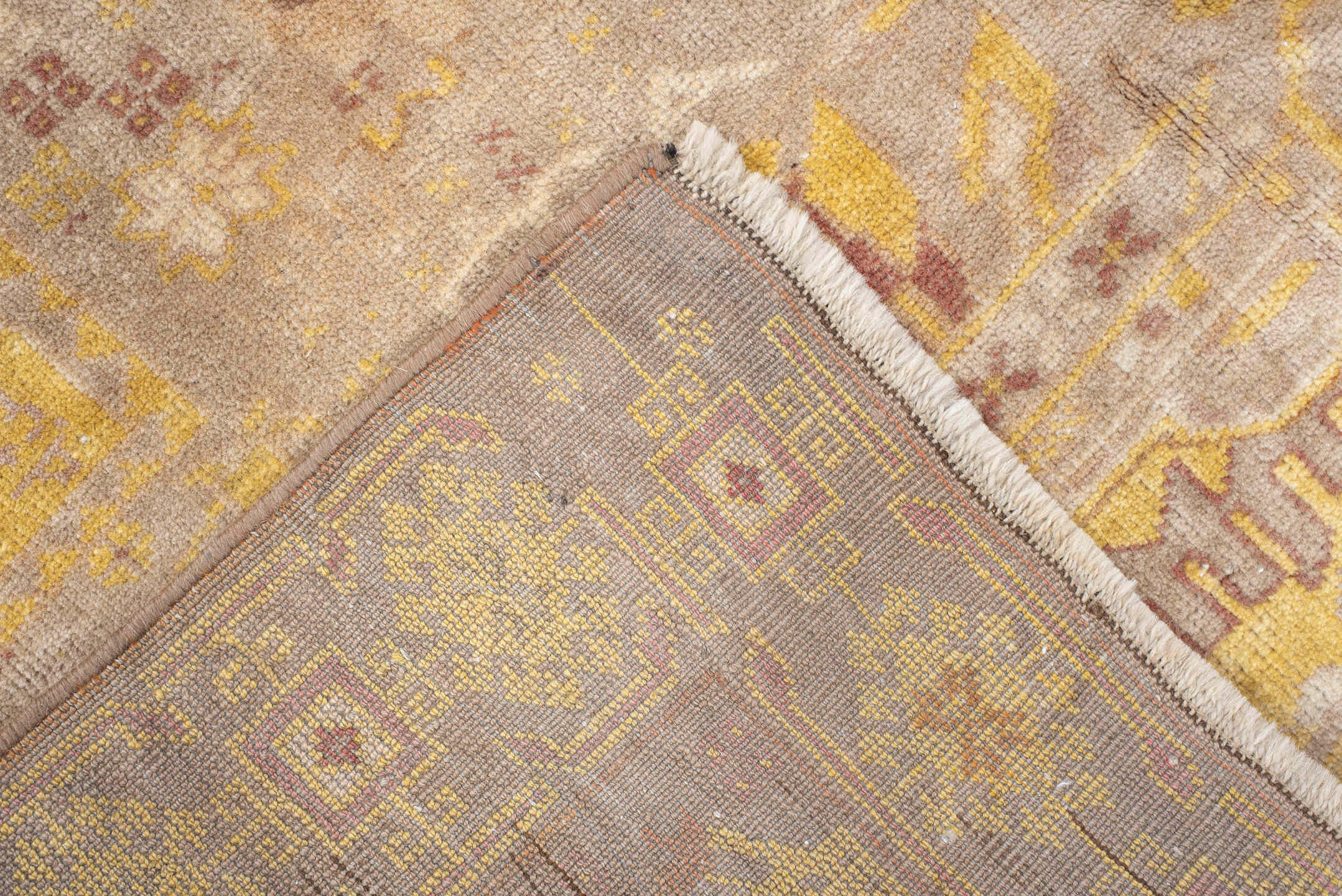 2' x 4' one-of-a-kind handmade vintage small size rug. Color palette: beige, ivory, gold, taupe, blush, camel, sage, rust