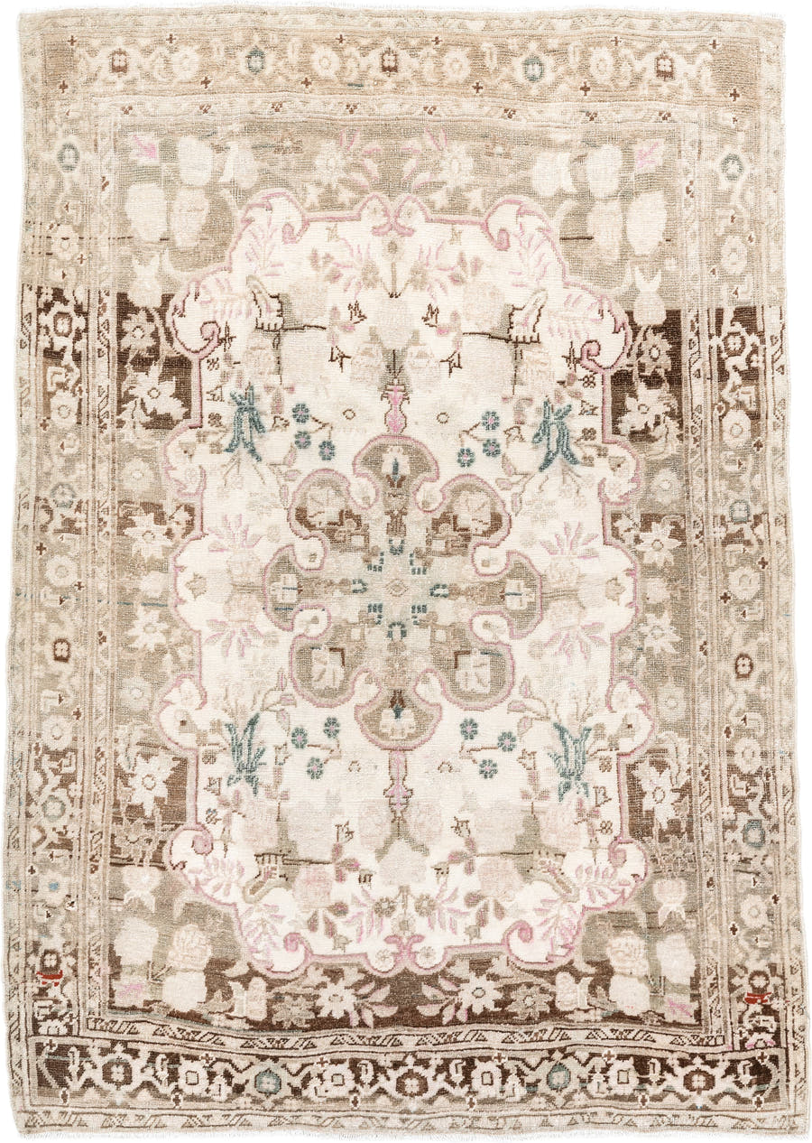 3' x 4' one-of-a-kind handmade antique Bidjar small size rug. Color palette: ivory, taupe, brown, blush, aqua, cream, beige