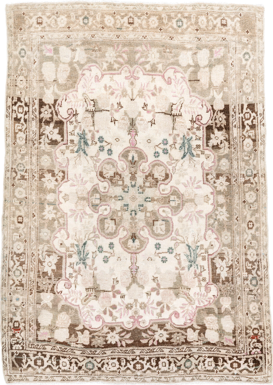 3' x 4' one-of-a-kind handmade vintage Bidjar small size rug. Color palette: antiquewhite, brown, gray, light gray, linen