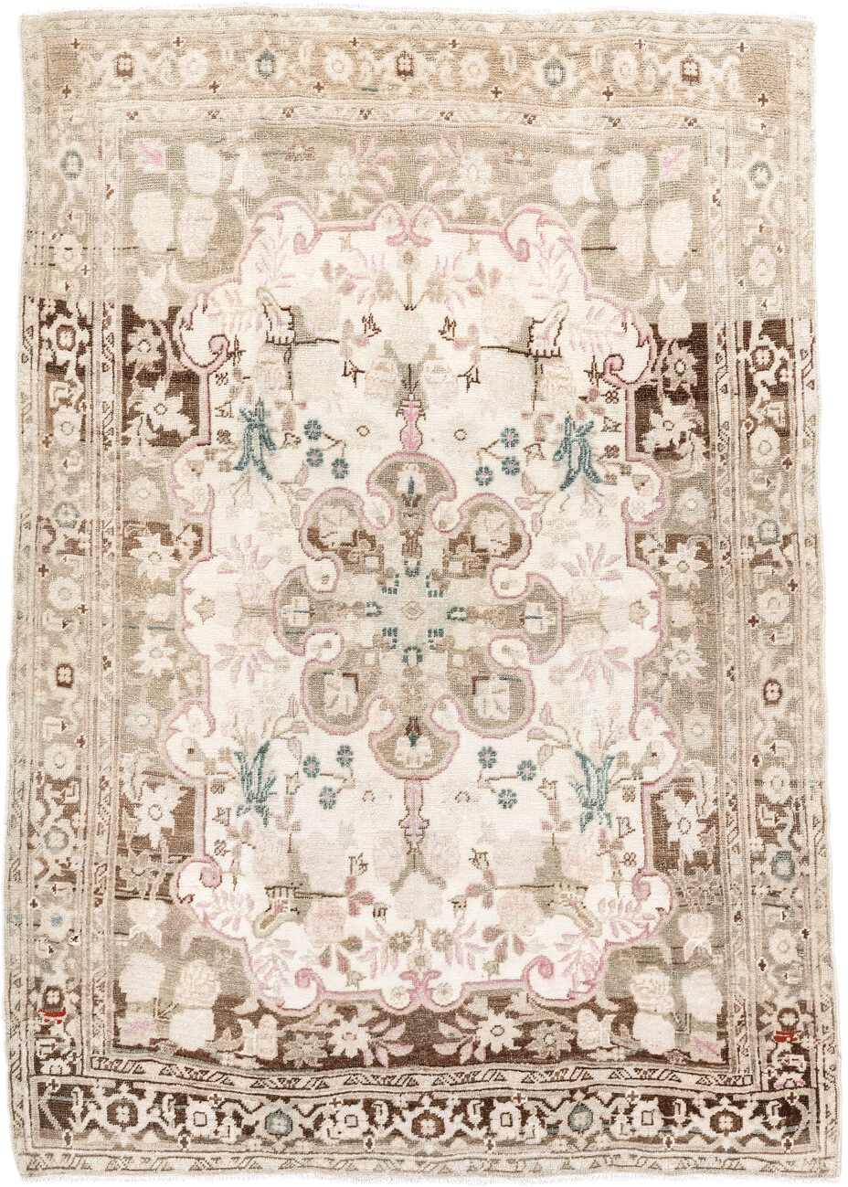 3' x 4' one-of-a-kind handmade antique Bidjar small size rug. Color palette: ivory, taupe, brown, blush, aqua, cream, beige