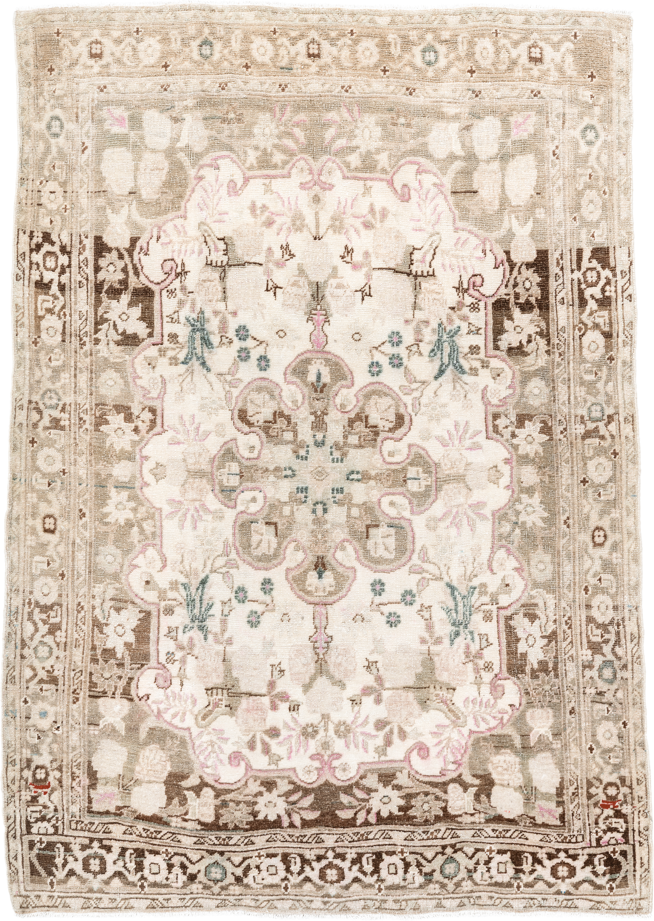 3' x 4' one-of-a-kind handmade antique Bidjar small size rug. Color palette: ivory, taupe, brown, blush, aqua, cream, beige