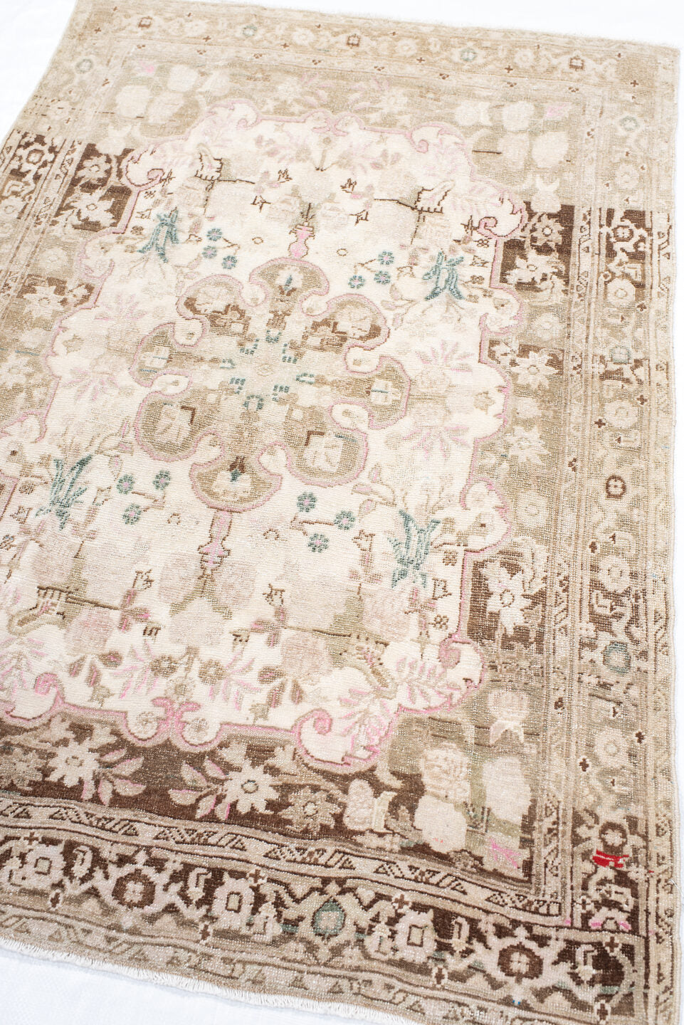3' x 4' one-of-a-kind handmade vintage Bidjar small size rug. Color palette: pink, gray, brown, off-white, light gray
