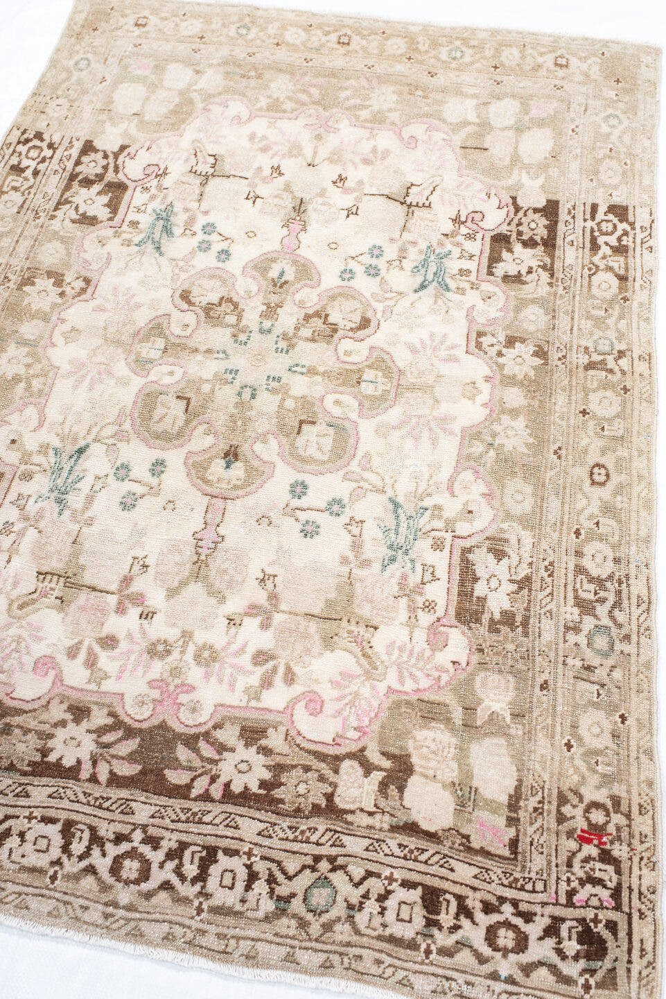 3' x 4' one-of-a-kind handmade antique Bidjar small size rug. Color palette: ivory, taupe, brown, blush, aqua, cream, beige