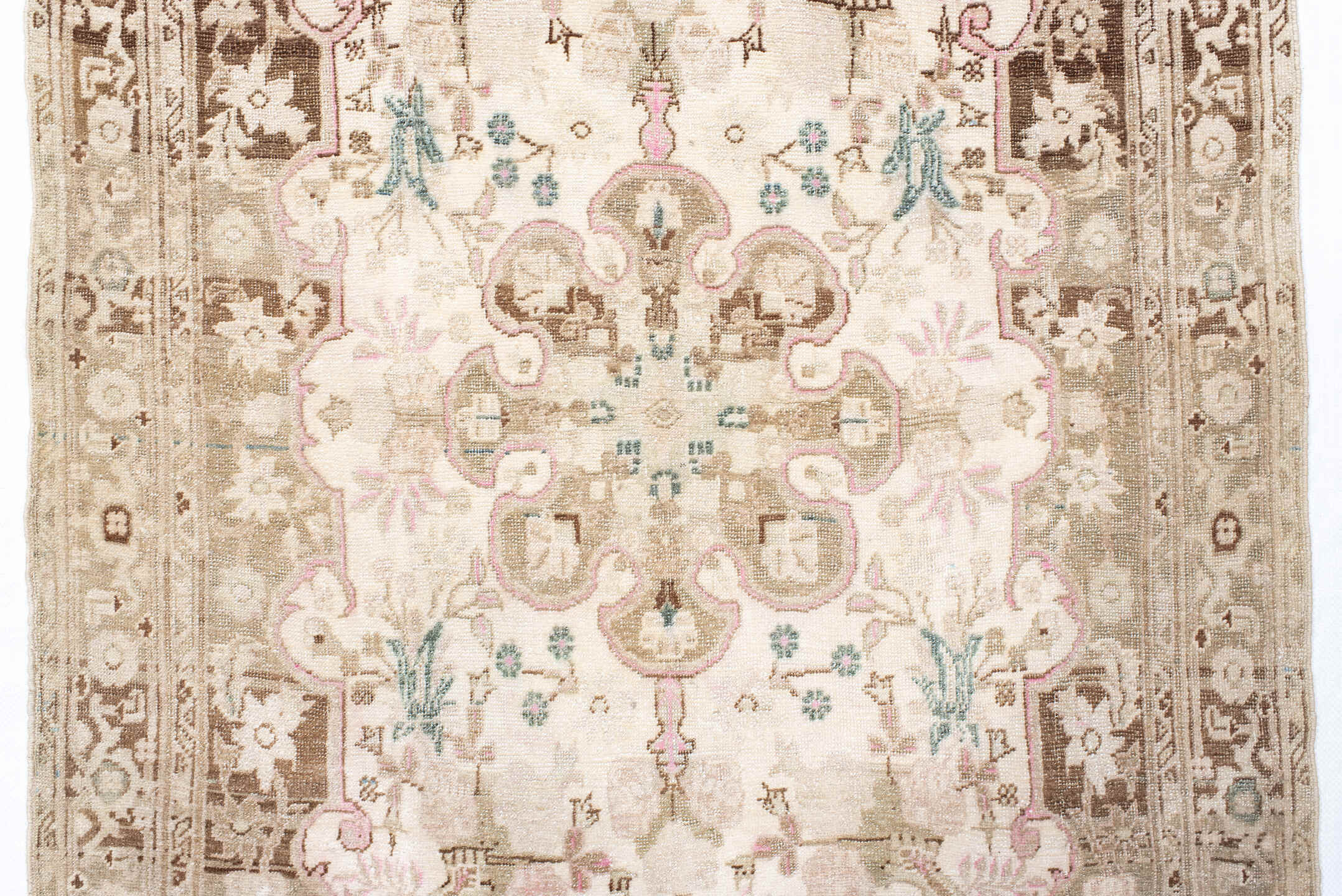 3' x 4' one-of-a-kind handmade vintage Bidjar small size rug. Color palette: pink, gray, brown, off-white, light gray