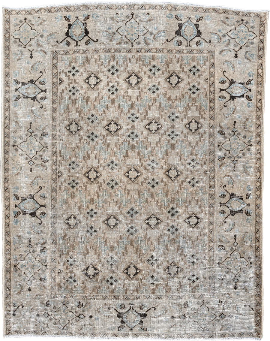 4' x 5' one-of-a-kind handmade vintage Meshed small size rug. Color palette: ivory, taupe, pale_blue, charcoal, beige, brown