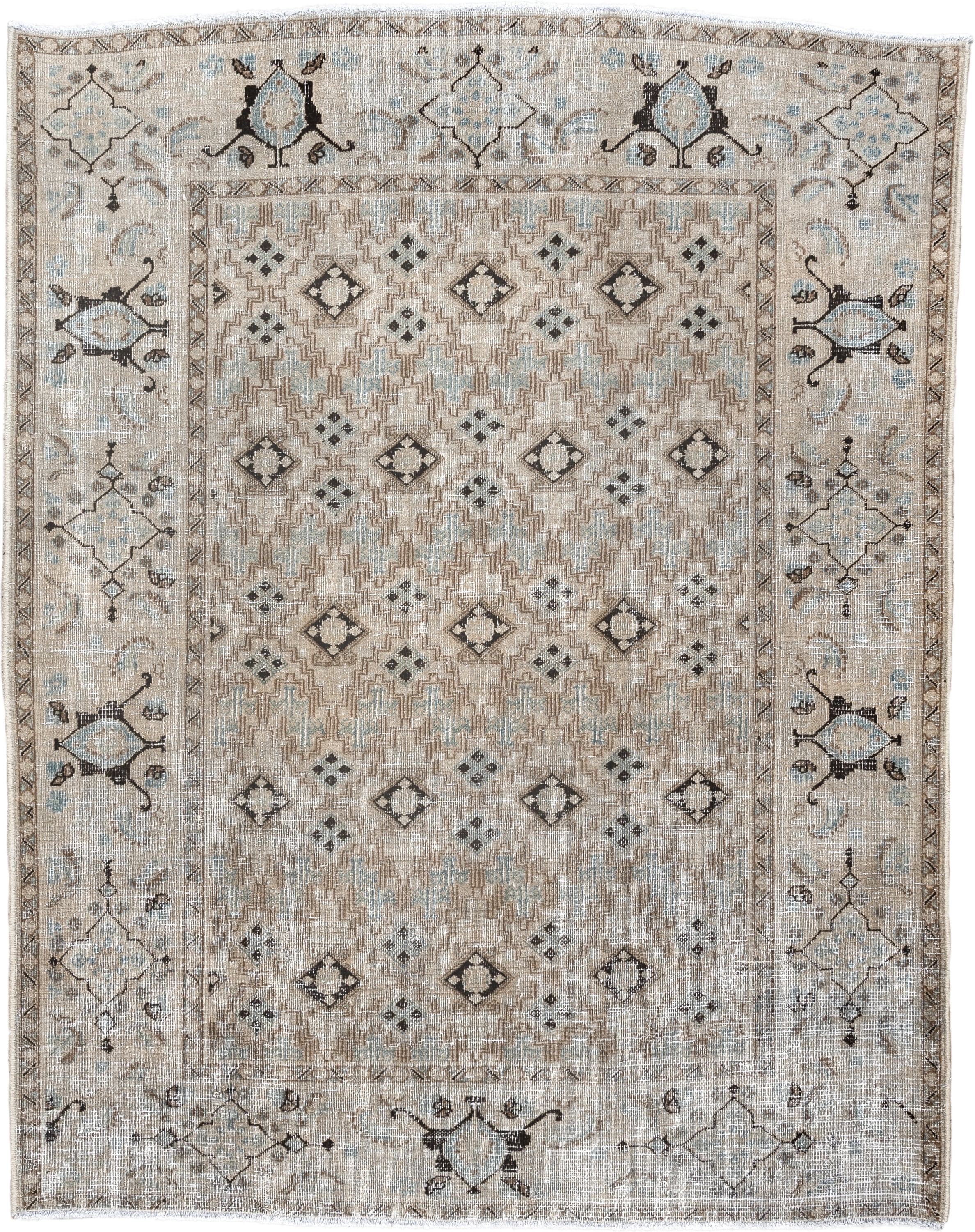 4' x 5' one-of-a-kind handmade vintage Meshed small size rug. Color palette: ivory, taupe, pale_blue, charcoal, beige, brown