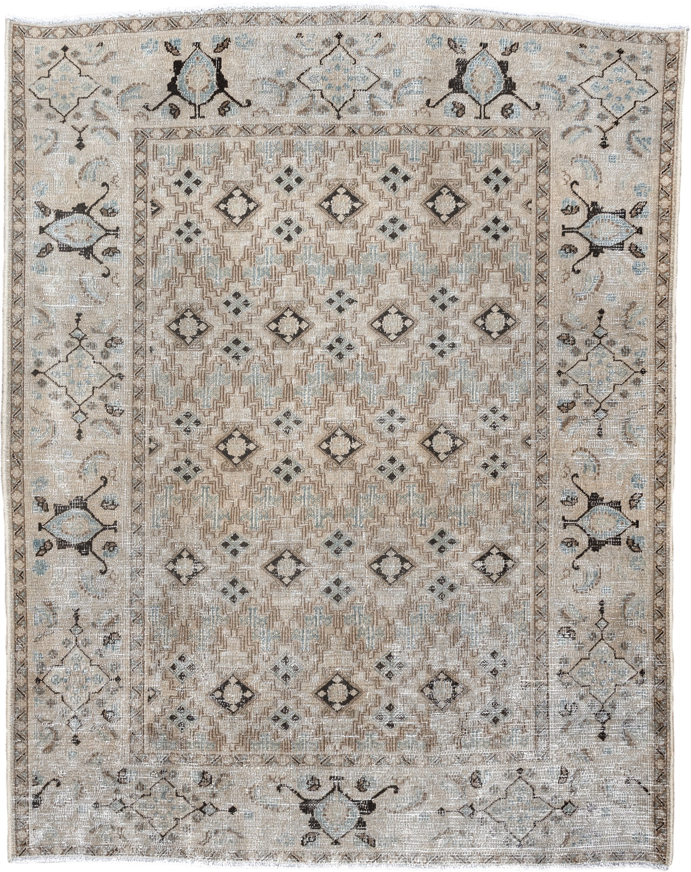 4' x 5' one-of-a-kind handmade vintage Meshed small size rug. Color palette: ivory, taupe, pale_blue, charcoal, beige, brown