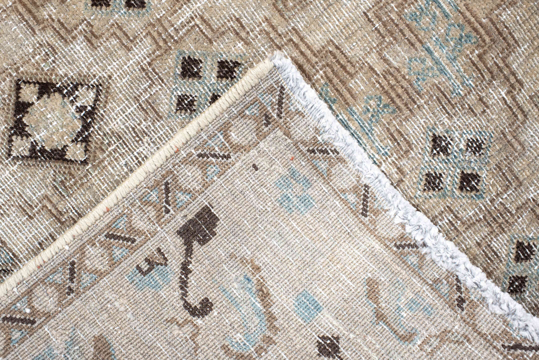 4' x 5' one-of-a-kind handmade vintage Meshed small size rug. Color palette: ivory, taupe, pale_blue, charcoal, beige, brown