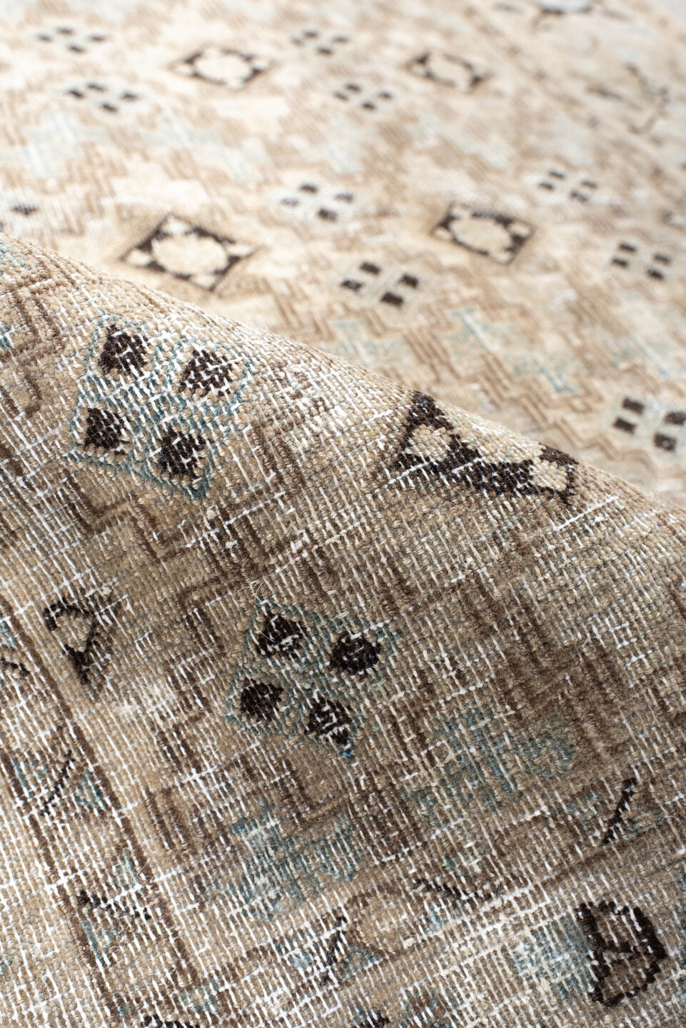 4' x 5' one-of-a-kind handmade vintage Meshed small size rug. Color palette: ivory, taupe, pale_blue, charcoal, beige, brown