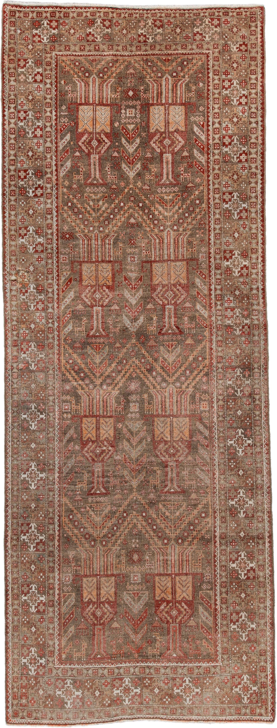3' x 9' one-of-a-kind handmade antique Belouch runner rug. Color palette: taupe, rust, ivory, brown, terra cotta, camel