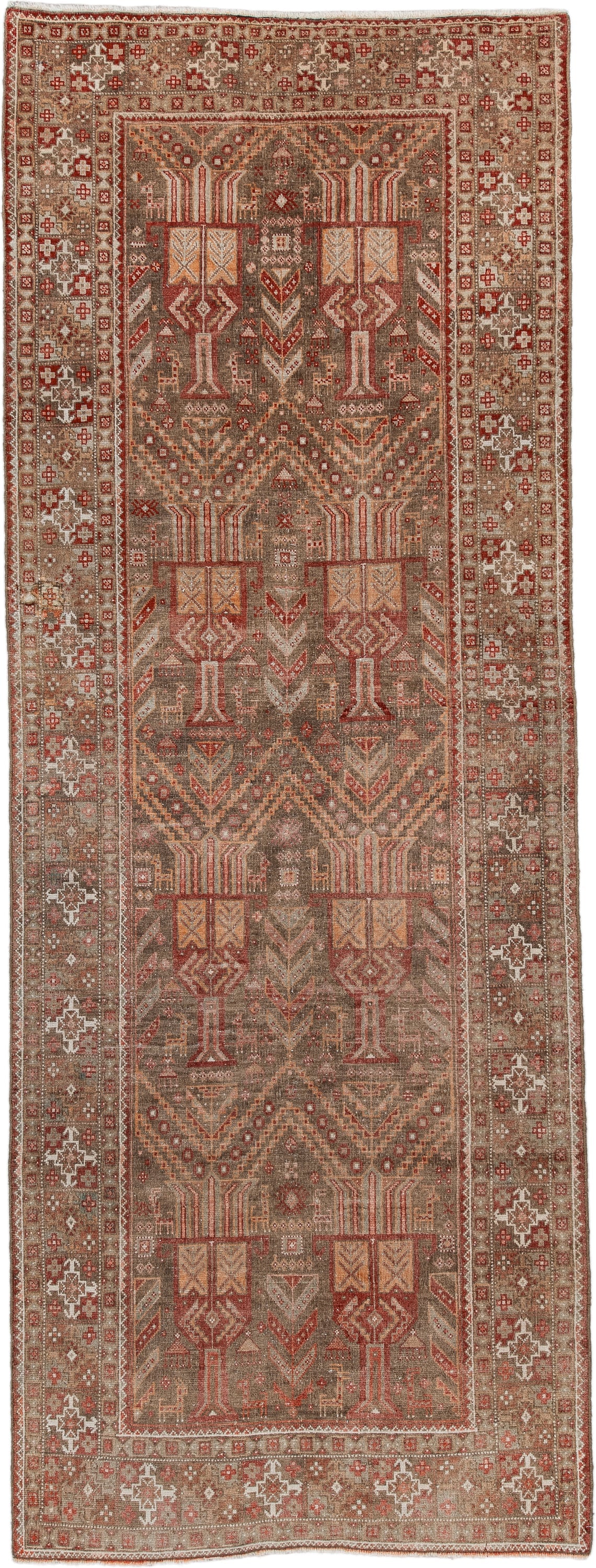 3' x 9' one-of-a-kind handmade antique Belouch runner rug. Color palette: taupe, rust, ivory, brown, terra cotta, camel