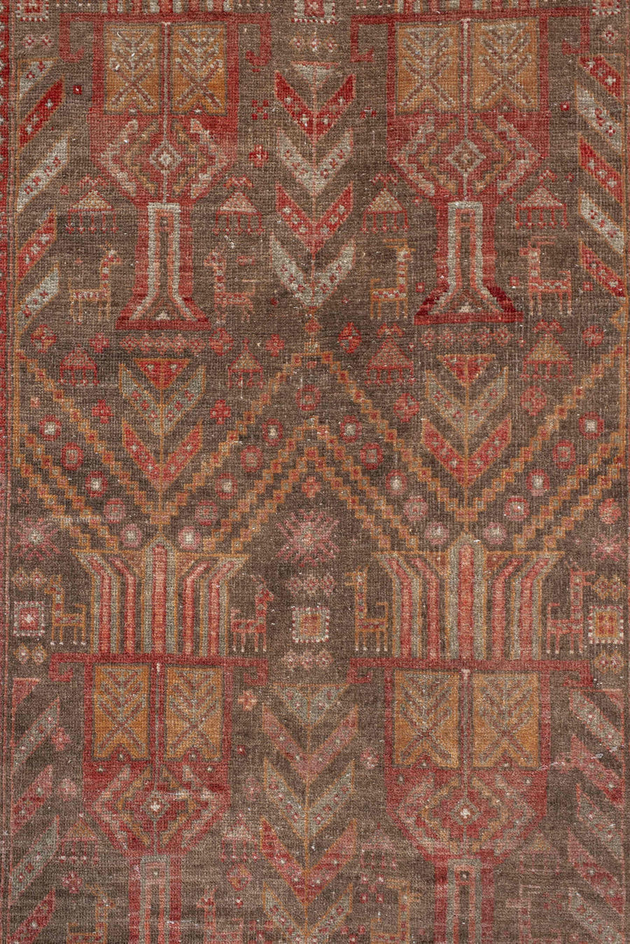 3' x 9' one-of-a-kind handmade antique Belouch runner rug. Color palette: taupe, rust, ivory, brown, terra cotta, camel
