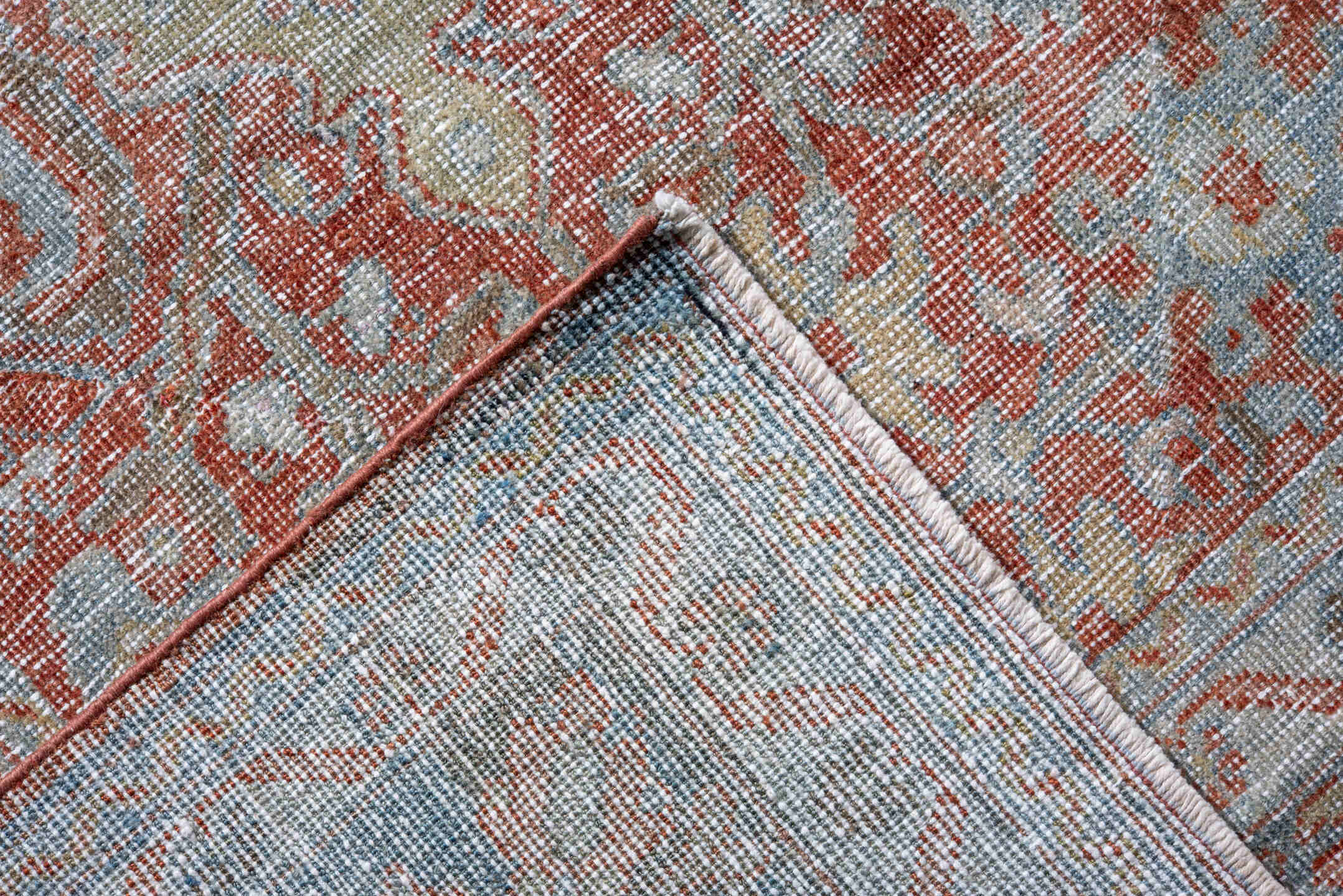 9' x 11' one-of-a-kind handmade vintage Mahal large size rug. Color palette: rust, pale blue, ivory, blush, taupe, sage