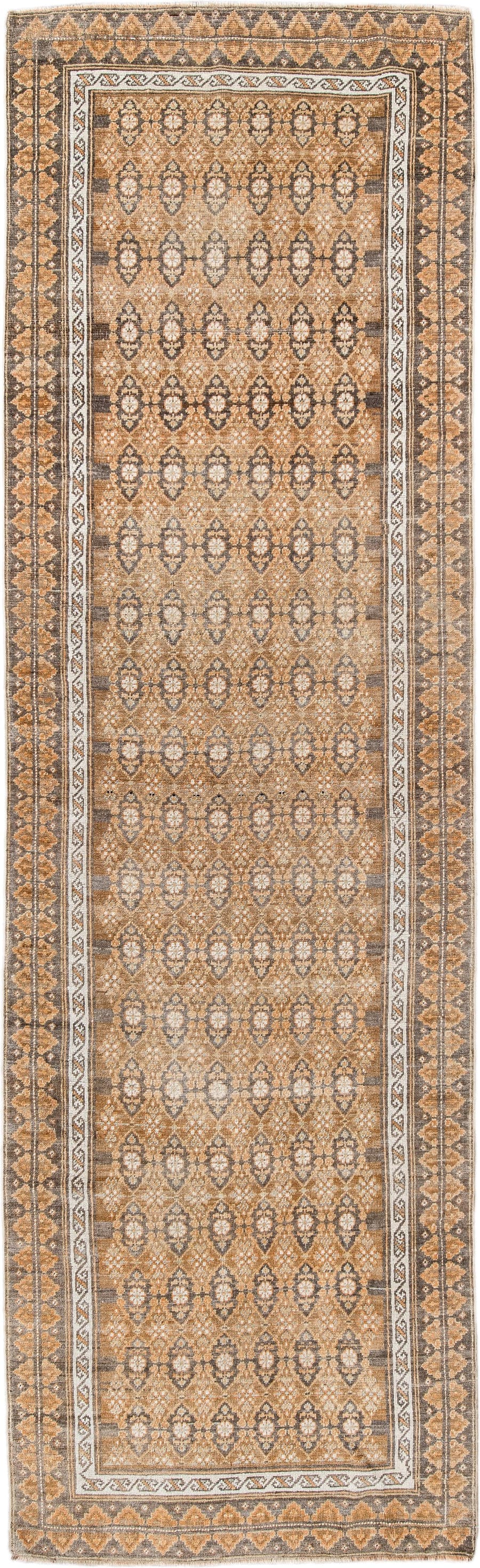 3' x 11' one-of-a-kind handmade antique Anatolian runner rug. Color palette: camel, ivory, taupe, brown, charcoal, sand