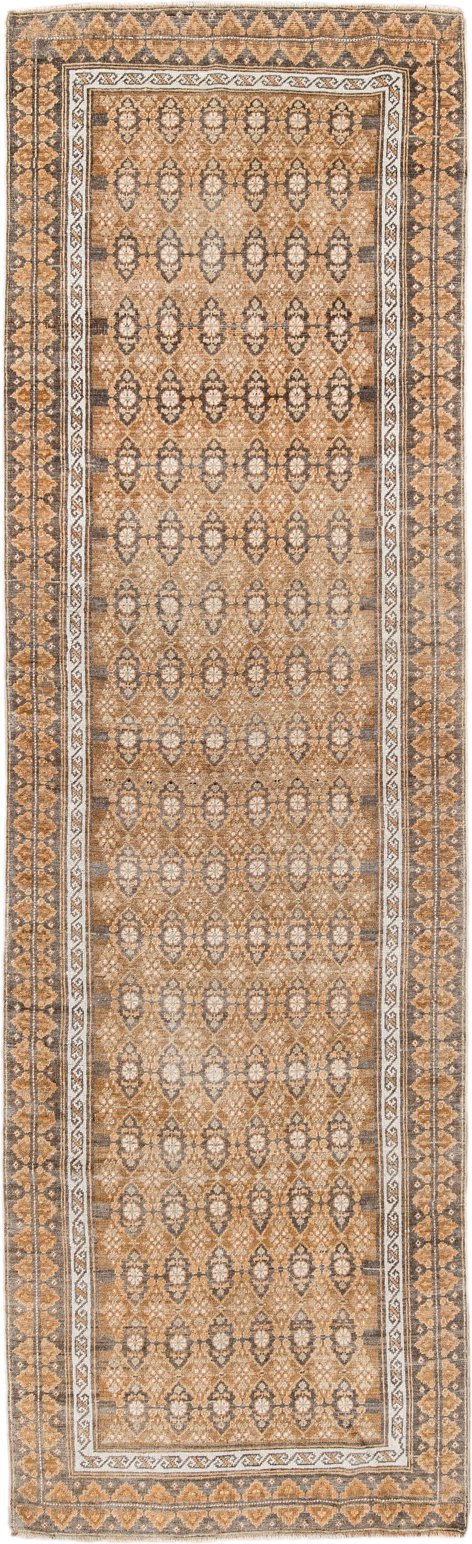 3' x 11' one-of-a-kind handmade antique Anatolian runner rug. Color palette: camel, ivory, taupe, brown, charcoal, sand