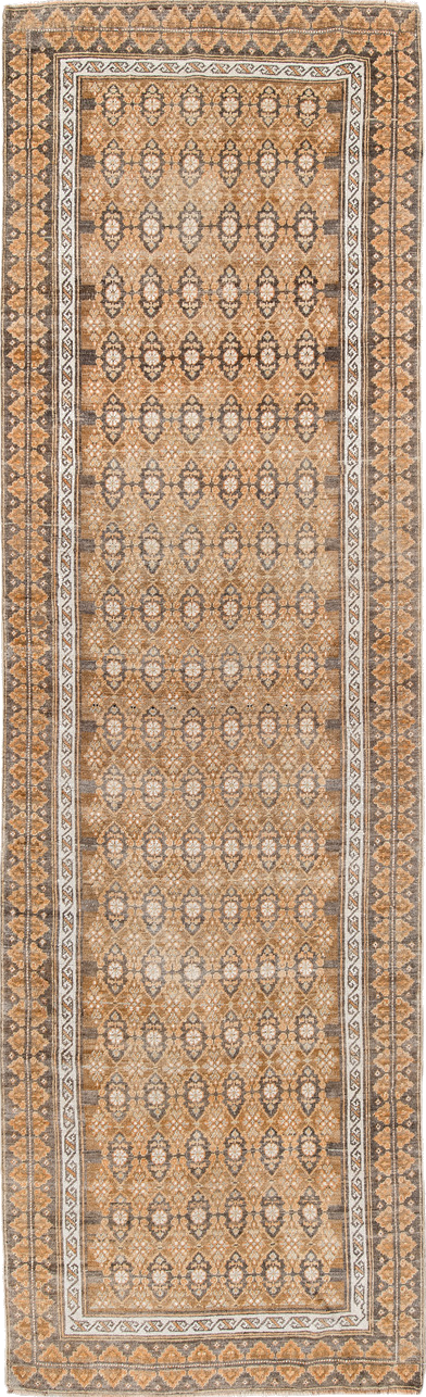 3' x 11' one-of-a-kind handmade vintage Anatolian runner rug. Color palette: brown, gray, light gray, linen, off-white