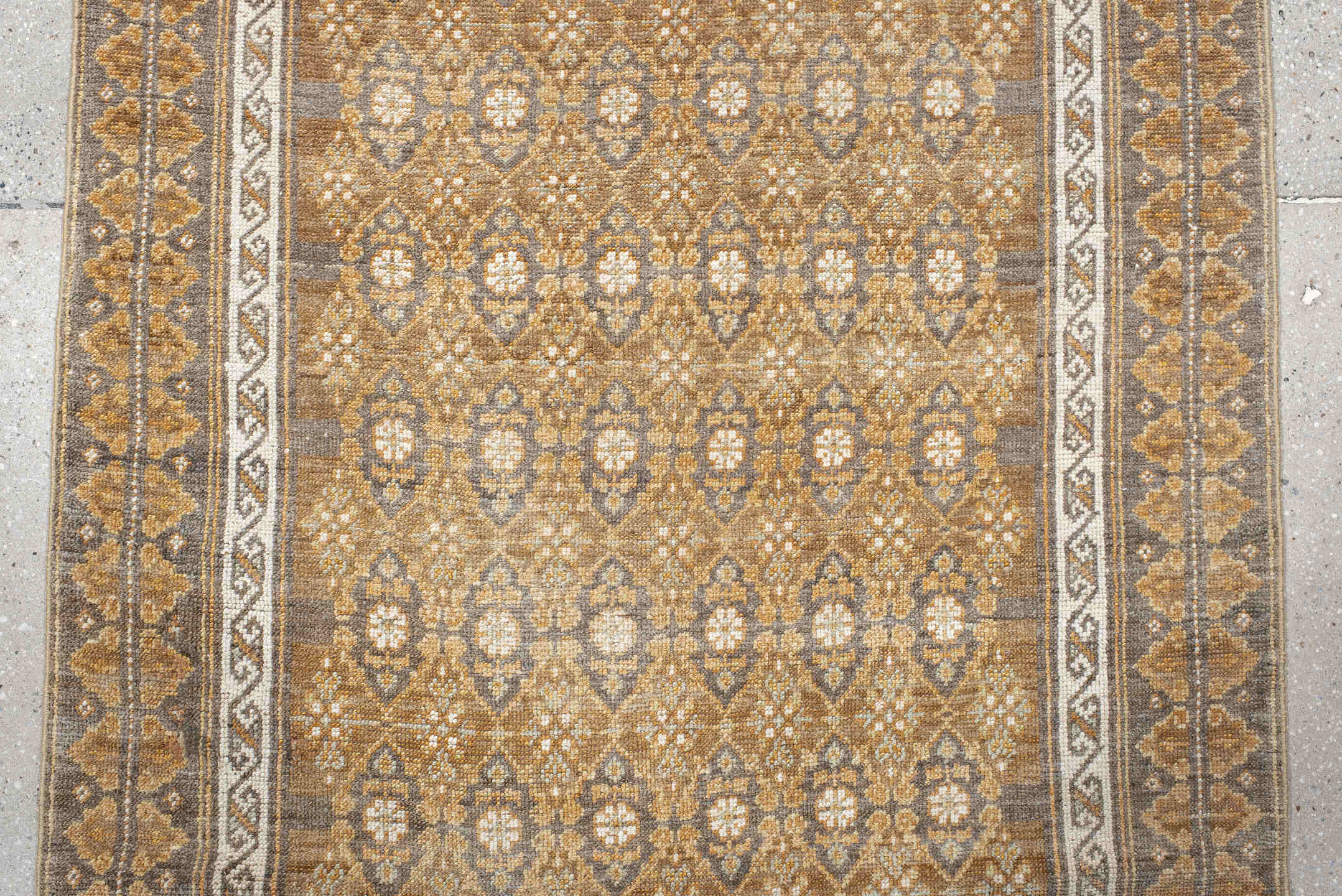 3' x 11' one-of-a-kind handmade vintage Anatol runner rug. Color palette: brown, gray, light gray, linen, off-white