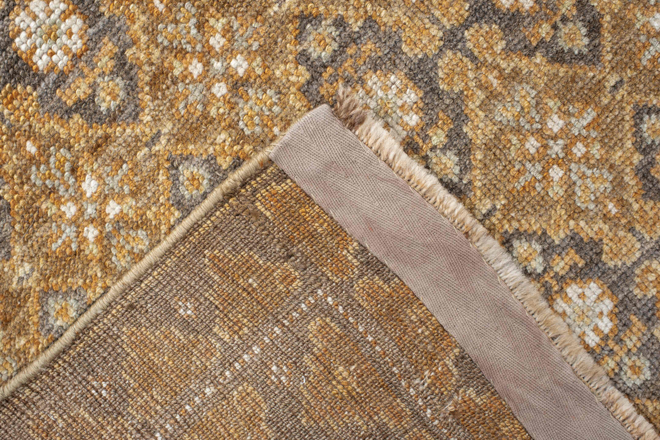 3' x 11' one-of-a-kind handmade vintage Anatol runner rug. Color palette: brown, gray, light gray, linen, off-white