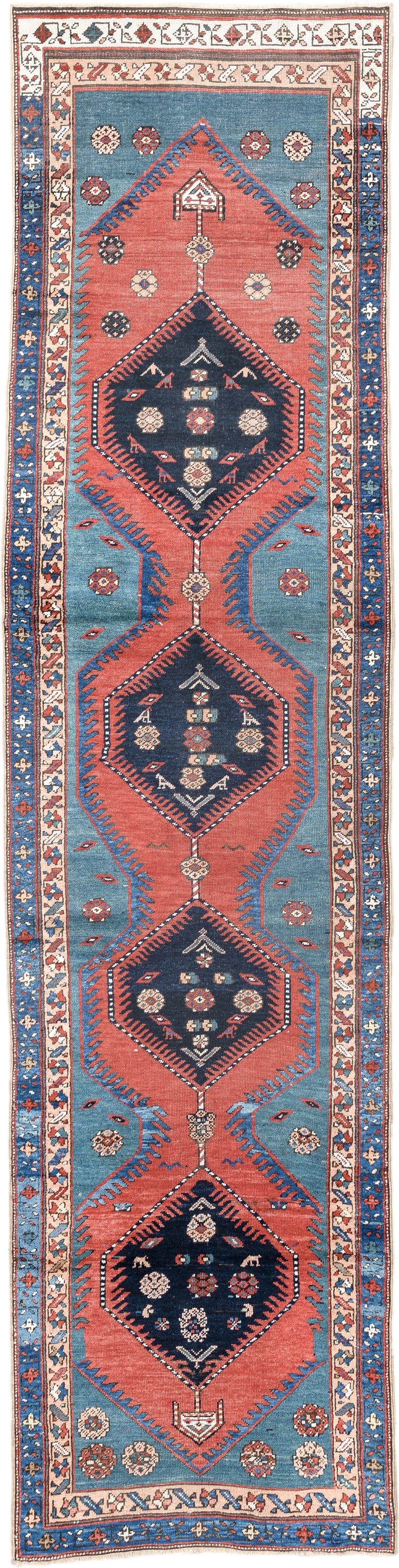 3' x 13' one-of-a-kind handmade antique NW Persian runner rug. Color palette: blue, coral, navy, ivory, rust, slate