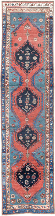 3' x 13' one-of-a-kind handmade antique NW Persian runner rug. Color palette: blue, coral, navy, ivory, rust, slate