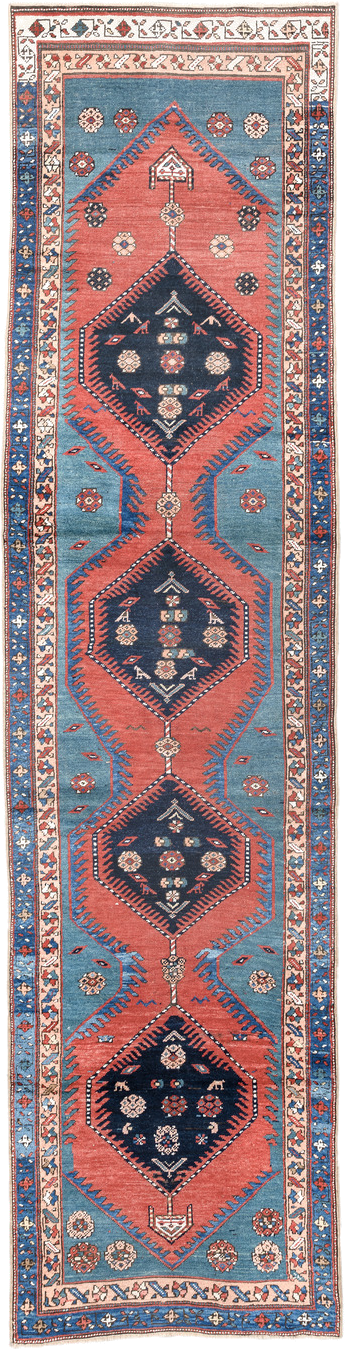 3' x 13' one-of-a-kind handmade antique NW Persian runner rug. Color palette: blue, coral, navy, ivory, rust, slate