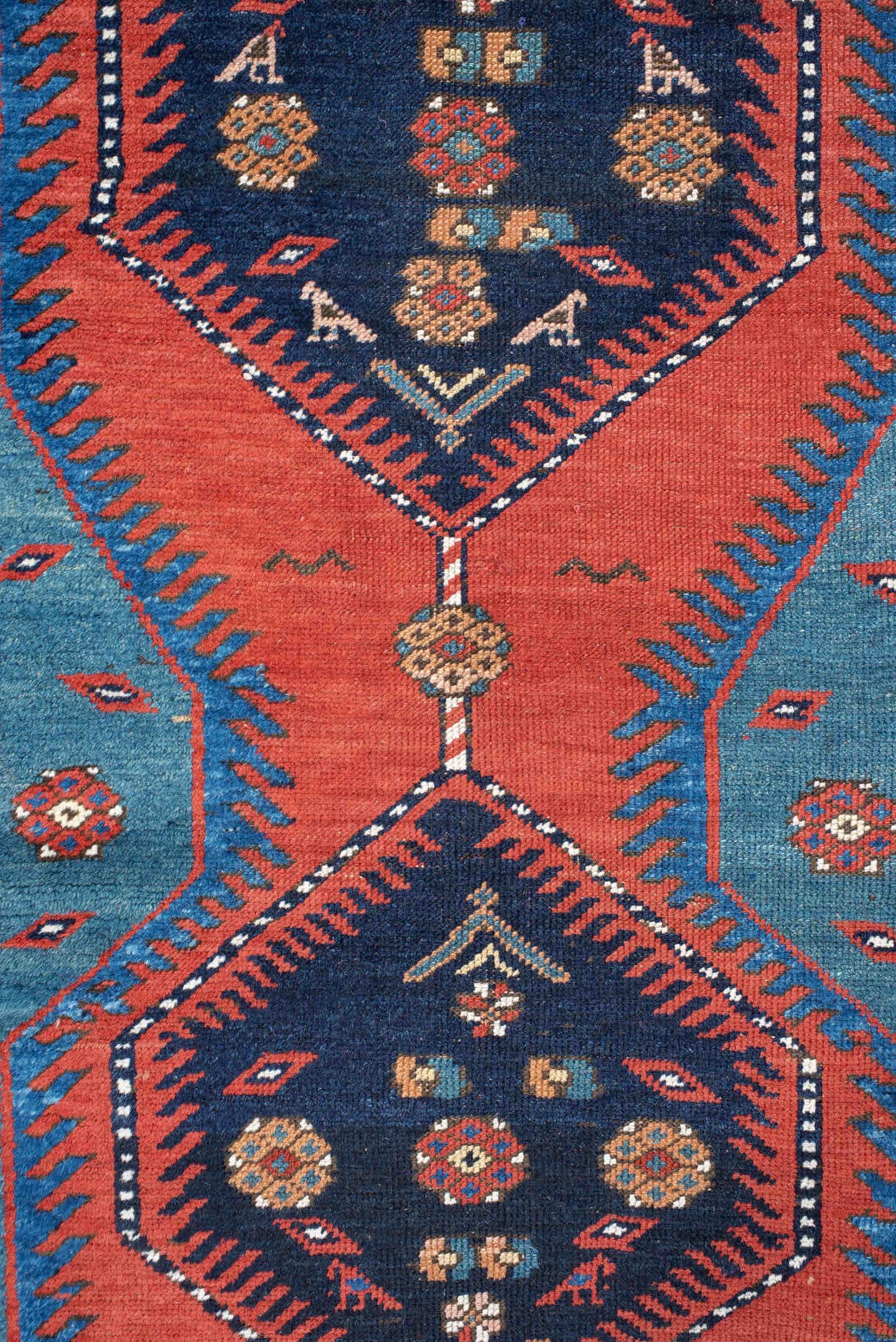 3' x 13' one-of-a-kind handmade antique NW Persian runner rug. Color palette: blue, coral, navy, ivory, rust, slate