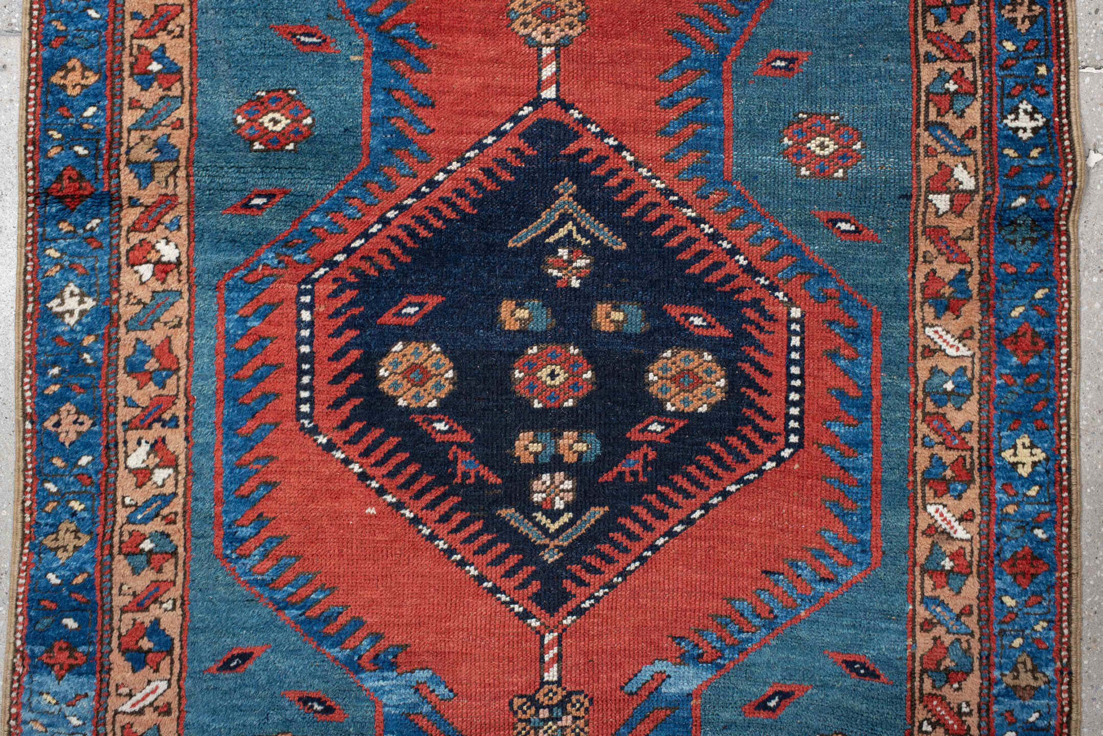 3' x 13' one-of-a-kind handmade antique NW Persian runner rug. Color palette: blue, coral, navy, ivory, rust, slate