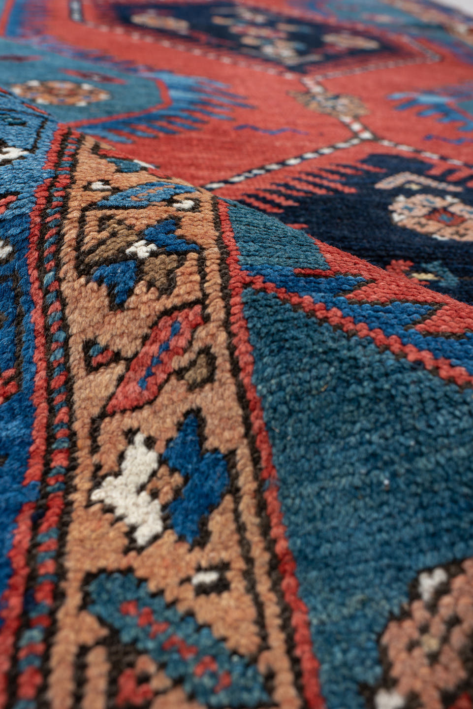 3' x 13' one-of-a-kind handmade antique NW Persian runner rug. Color palette: blue, coral, navy, ivory, rust, slate