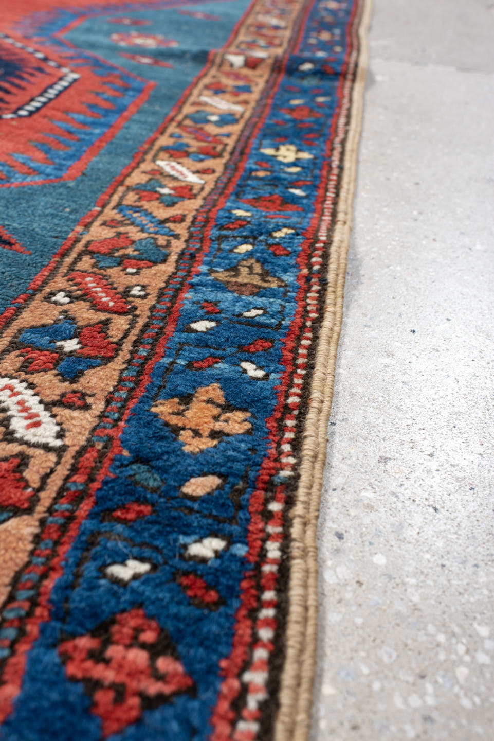 3' x 13' one-of-a-kind handmade antique NW Persian runner rug. Color palette: blue, coral, navy, ivory, rust, slate