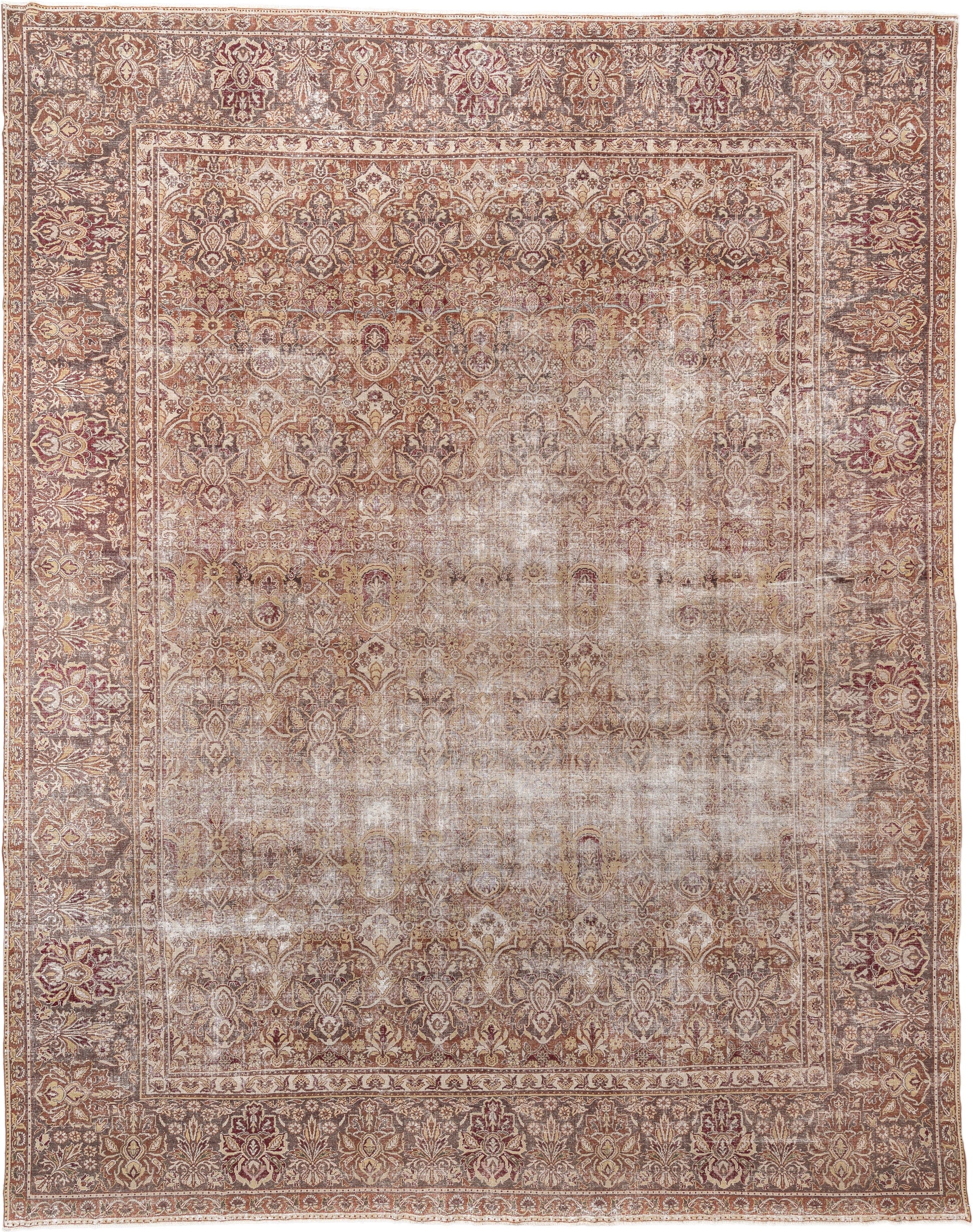 16' x 13' one-of-a-kind handmade vintage Amritzar oversize rug. Color palette: ivory, terra cotta, taupe, rose, camel