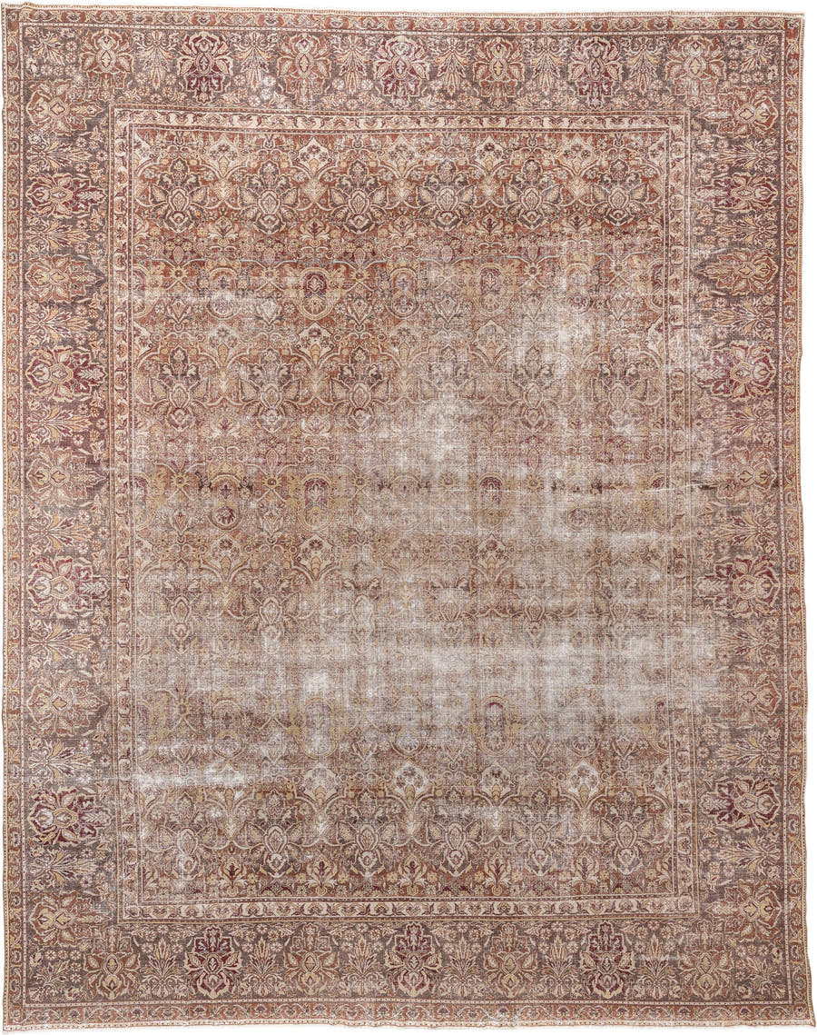 16' x 13' one-of-a-kind handmade vintage Amritzar oversize rug. Color palette: ivory, terra cotta, taupe, rose, camel