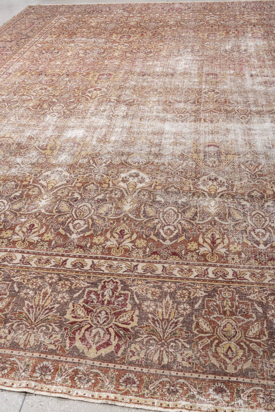 16' x 13' one-of-a-kind handmade vintage Amritzar oversize rug. Color palette: ivory, terra cotta, taupe, rose, camel