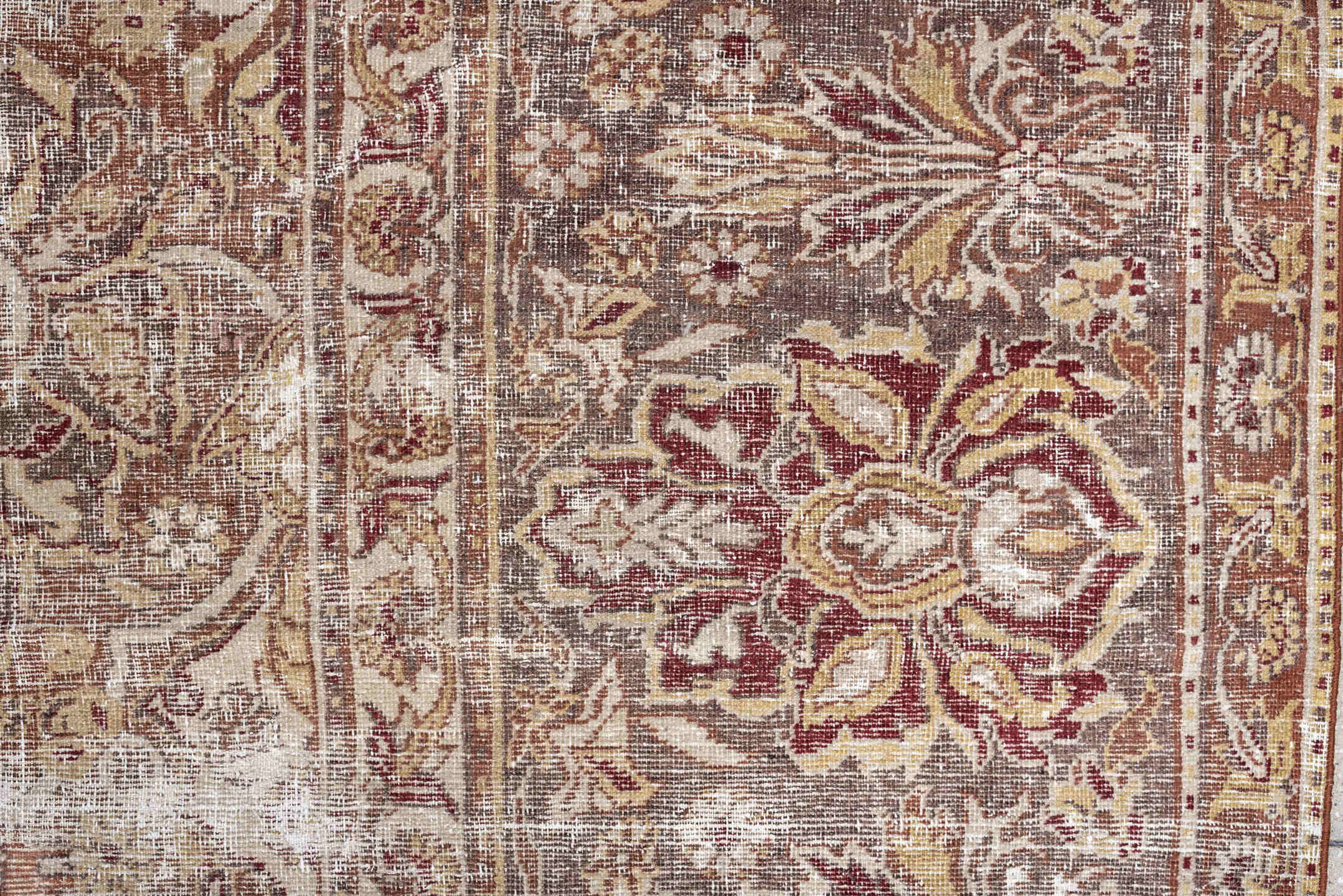 16' x 13' one-of-a-kind handmade vintage Amritzar oversize rug. Color palette: ivory, terra cotta, taupe, rose, camel