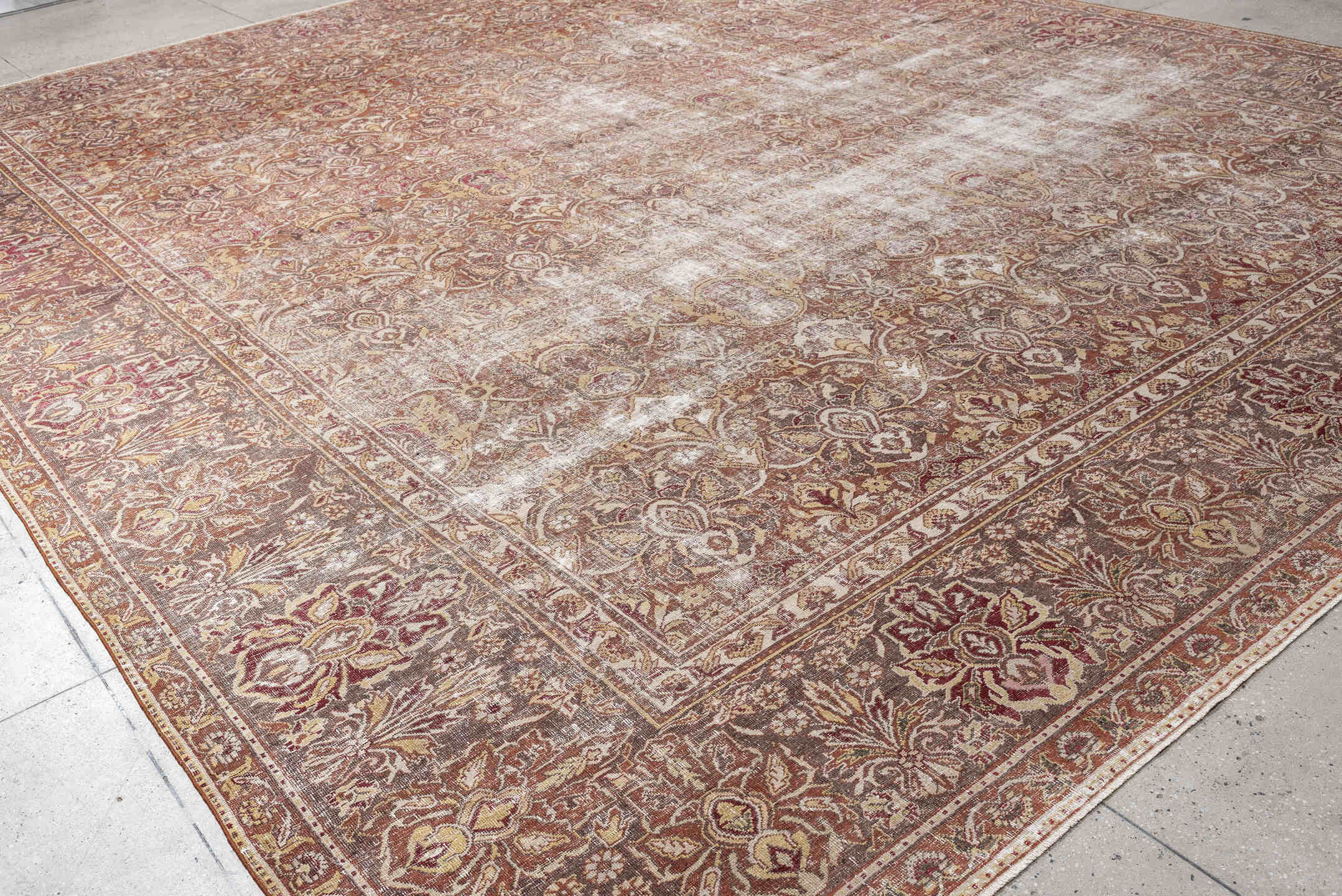 16' x 13' one-of-a-kind handmade vintage Amritzar oversize rug. Color palette: ivory, terra cotta, taupe, rose, camel
