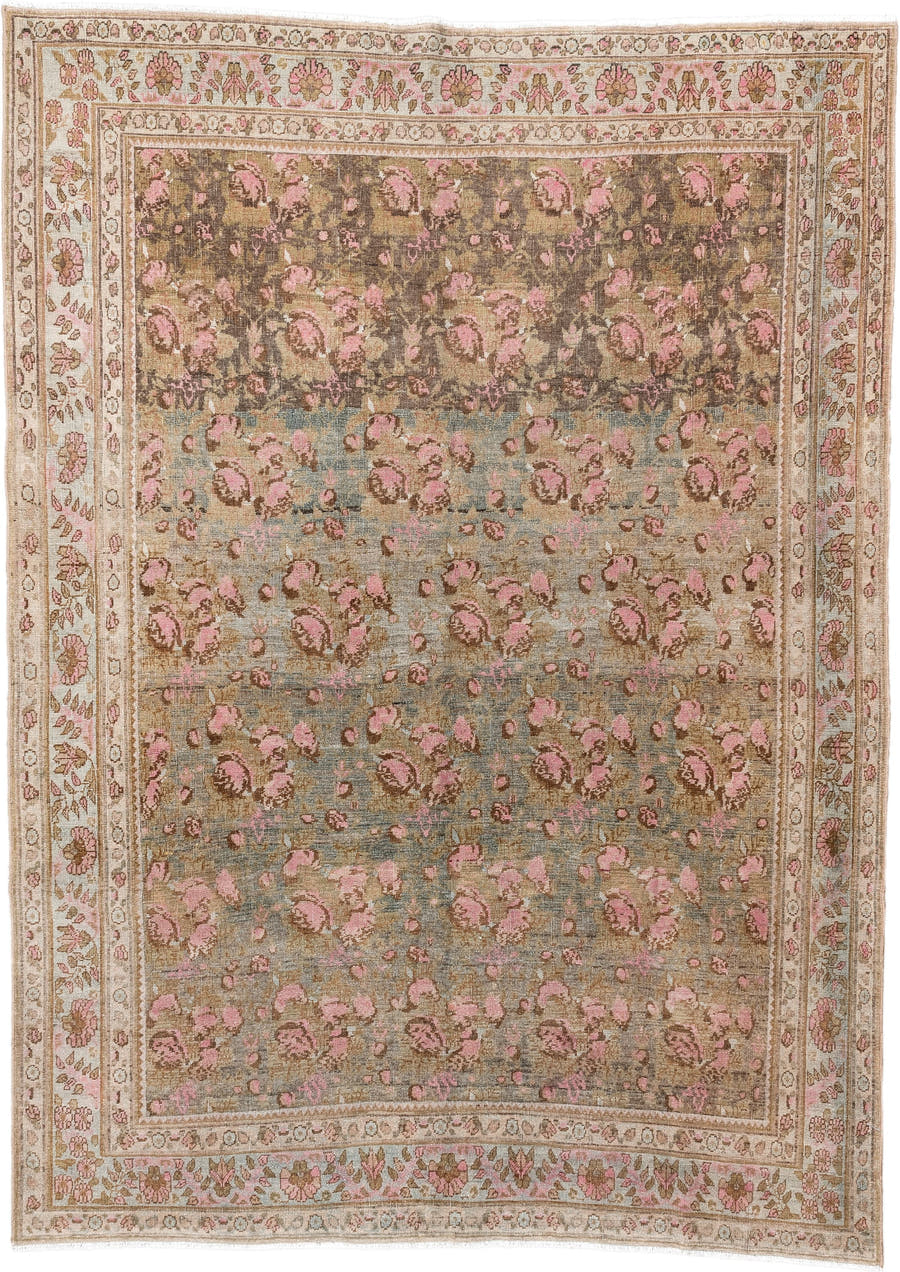 5' x 7' one-of-a-kind handmade antique Afshar rug. Color palette: taupe, ivory, rose, brown, sage, blush, camel, beige, gray